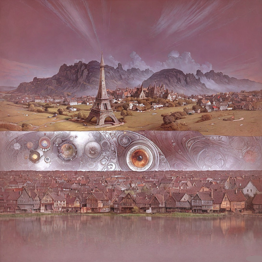 Surreal Landscape with Eiffel Tower and Lakeside Village