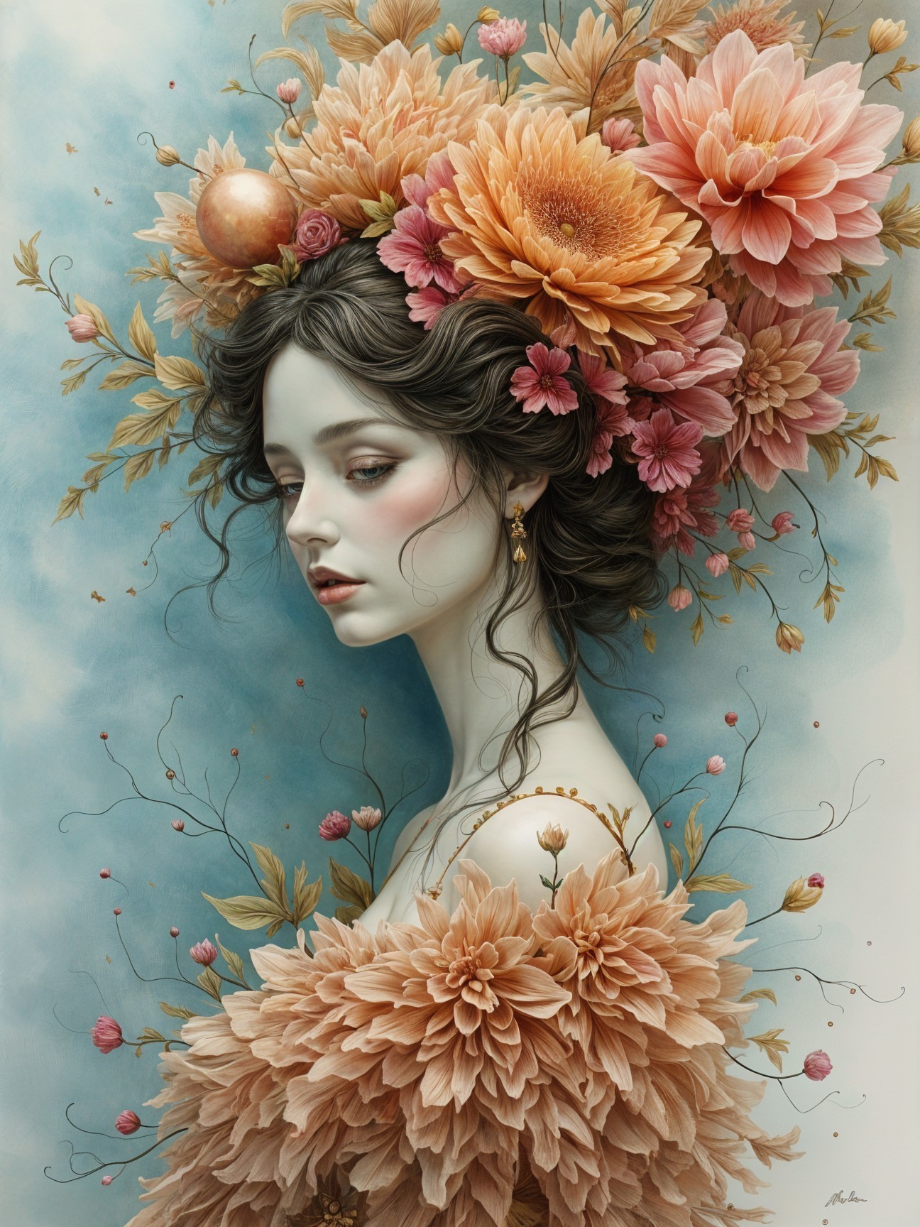 Serene Woman with Floral Headdress and Vines