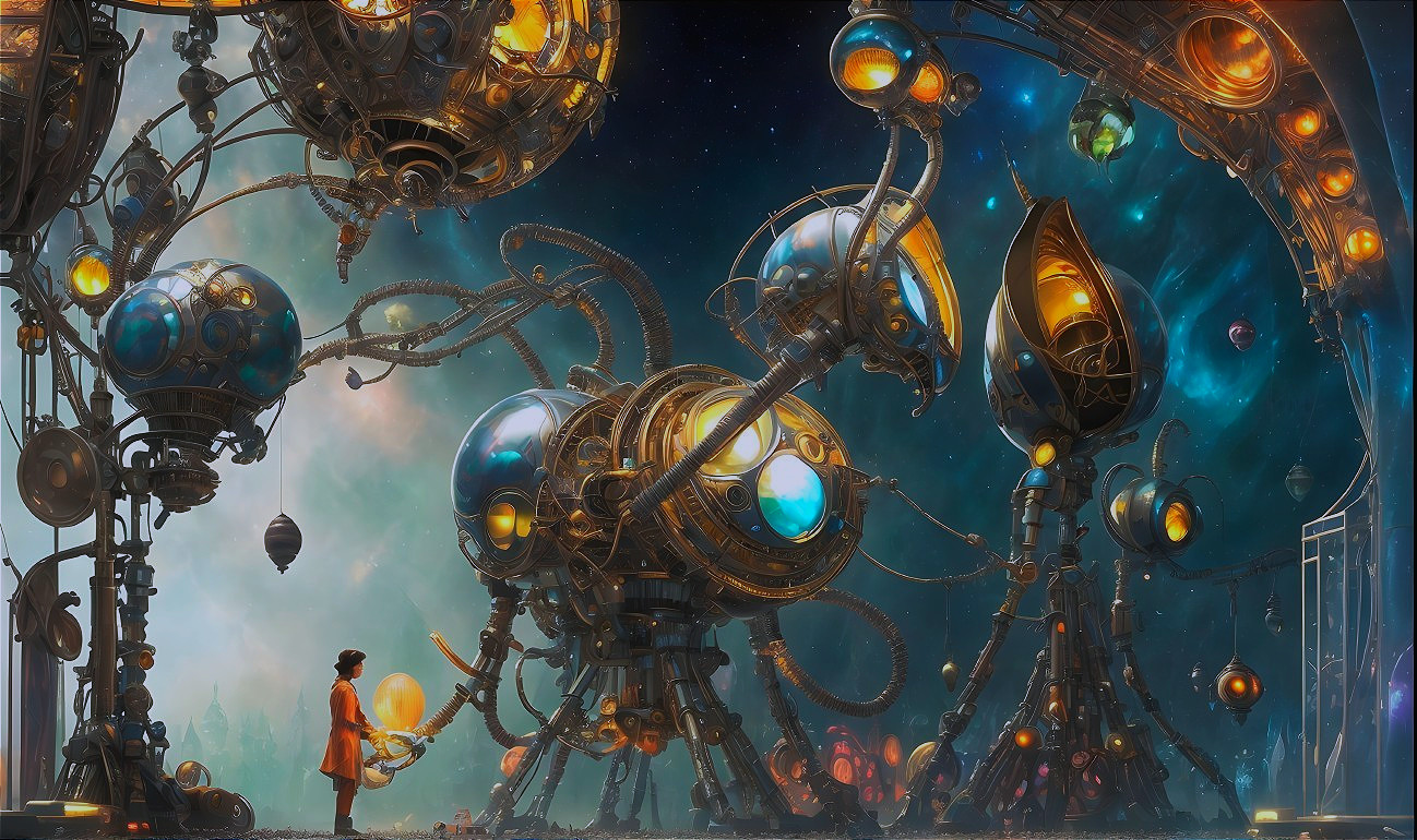 Young girl observes steampunk machines in cosmic scene