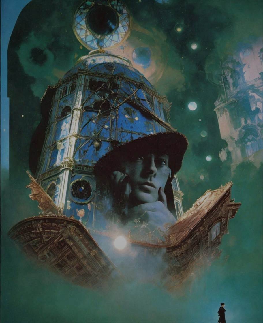 Surreal Landscape with Floating Clock Tower and Figure