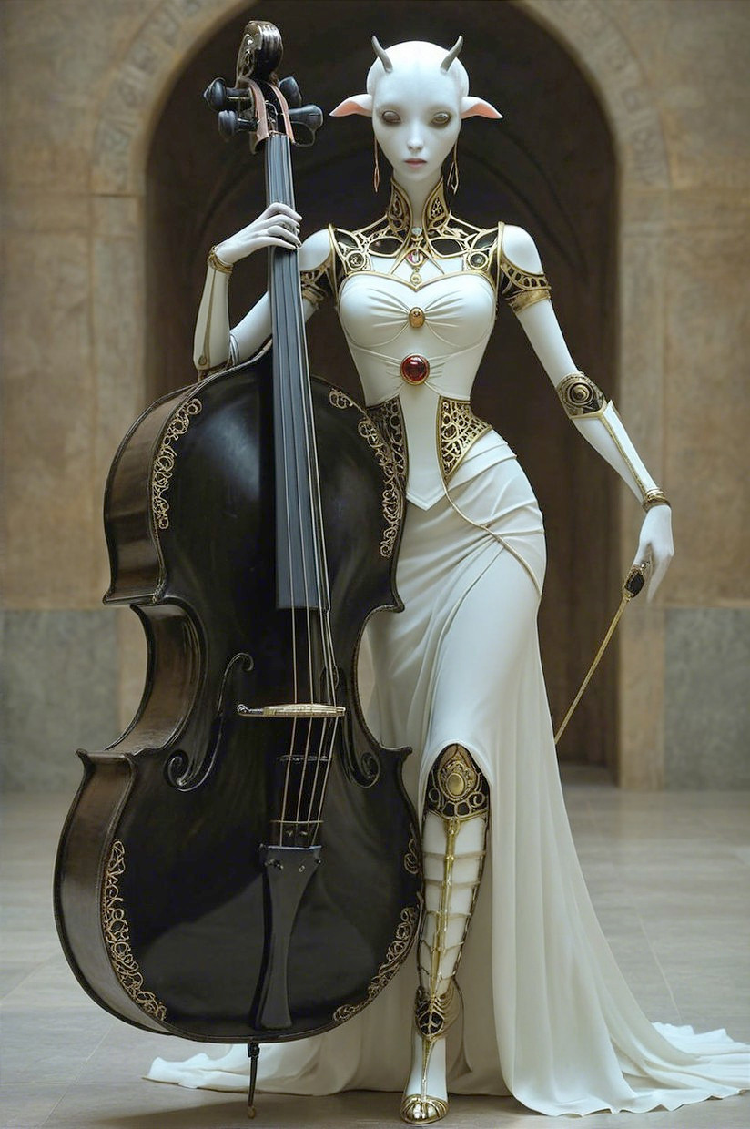 Futuristic humanoid figure beside a large cello