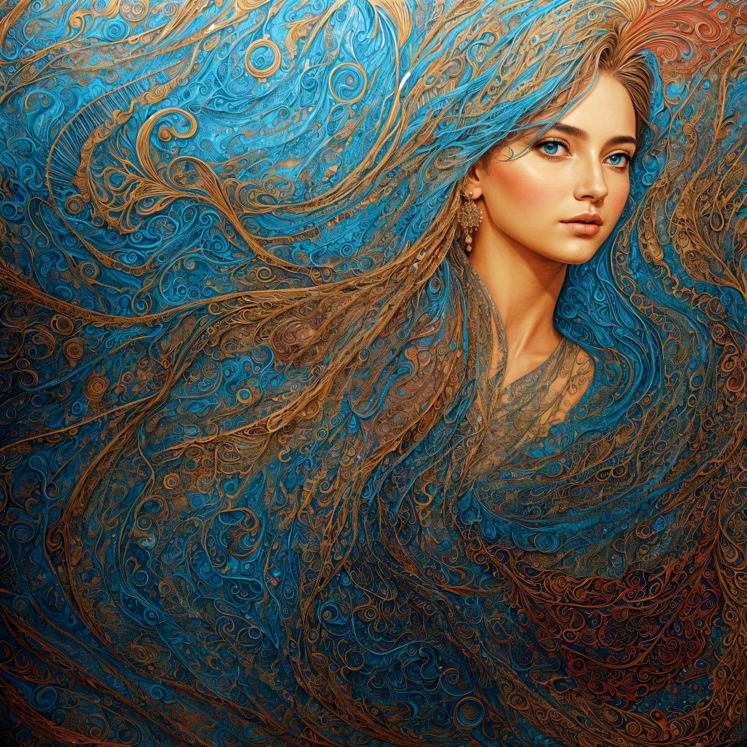 Serene Young Woman with Flowing Hair and Patterns