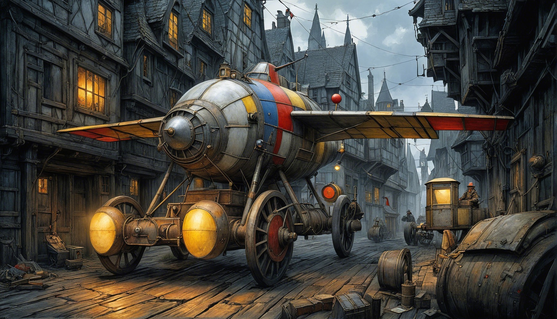 Vintage Aircraft in Medieval Town with Steampunk Aesthetic