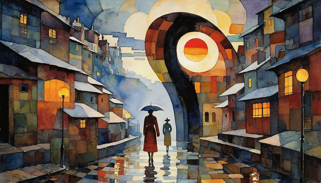 Abstract Cityscape with Colorful Sky and Umbrella Walkers