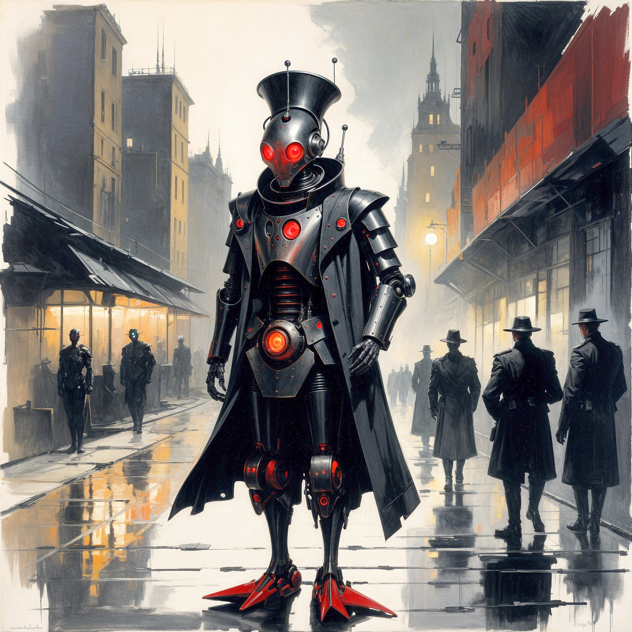 Futuristic Robot in Rainy Urban Noir Setting