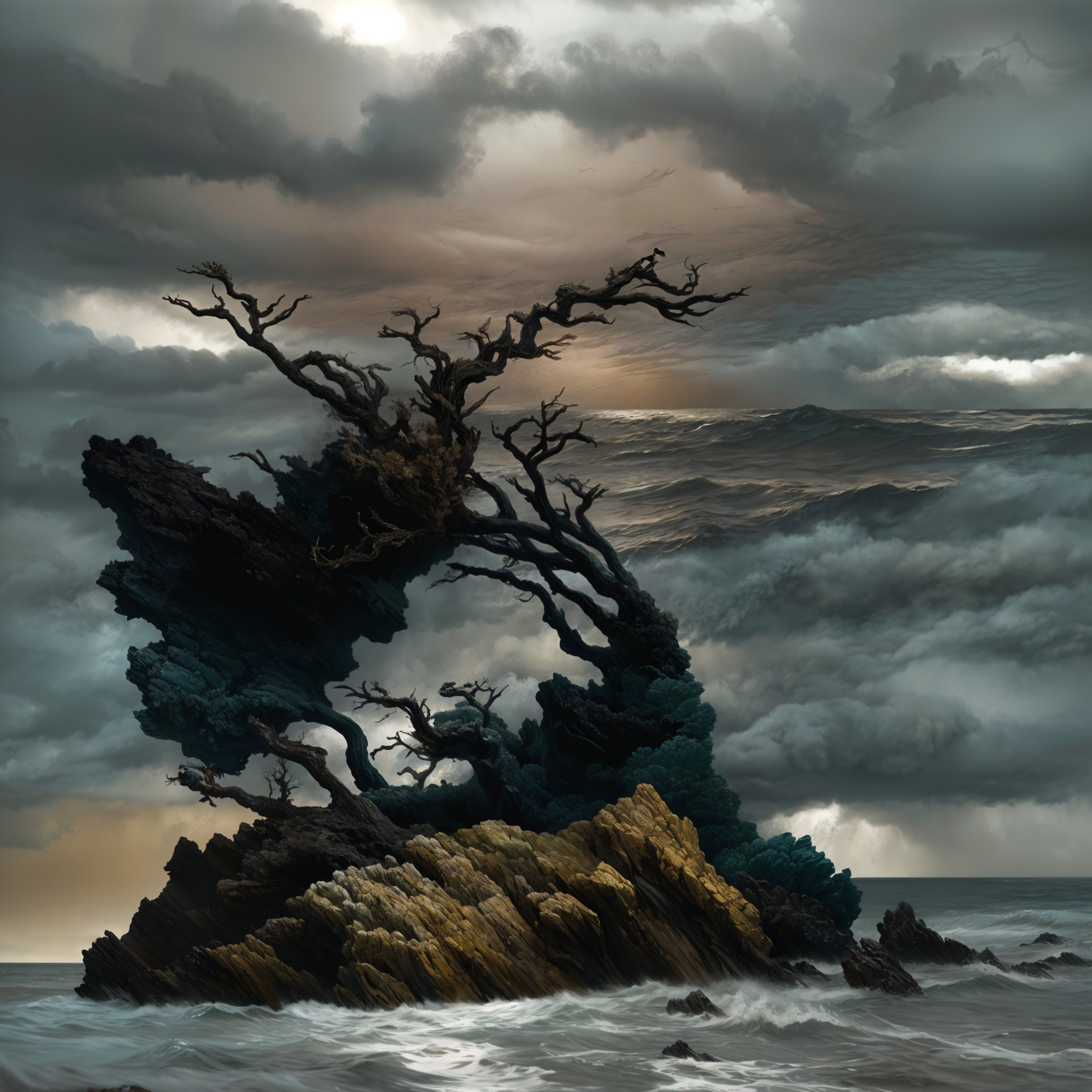 Dramatic Seascape with Rugged Rocks and Stormy Sky