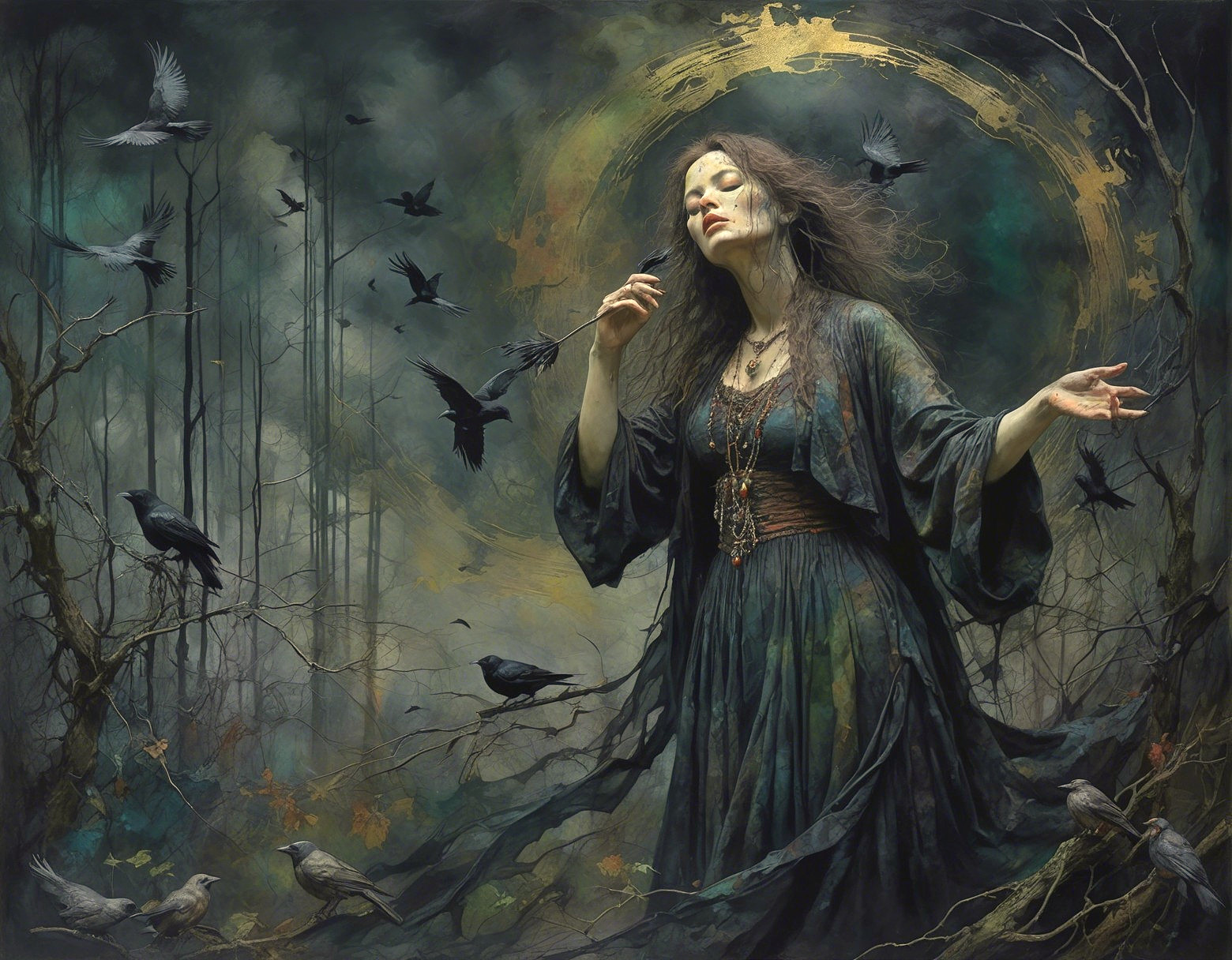 Mysterious Woman in Enchanted Forest with Crows