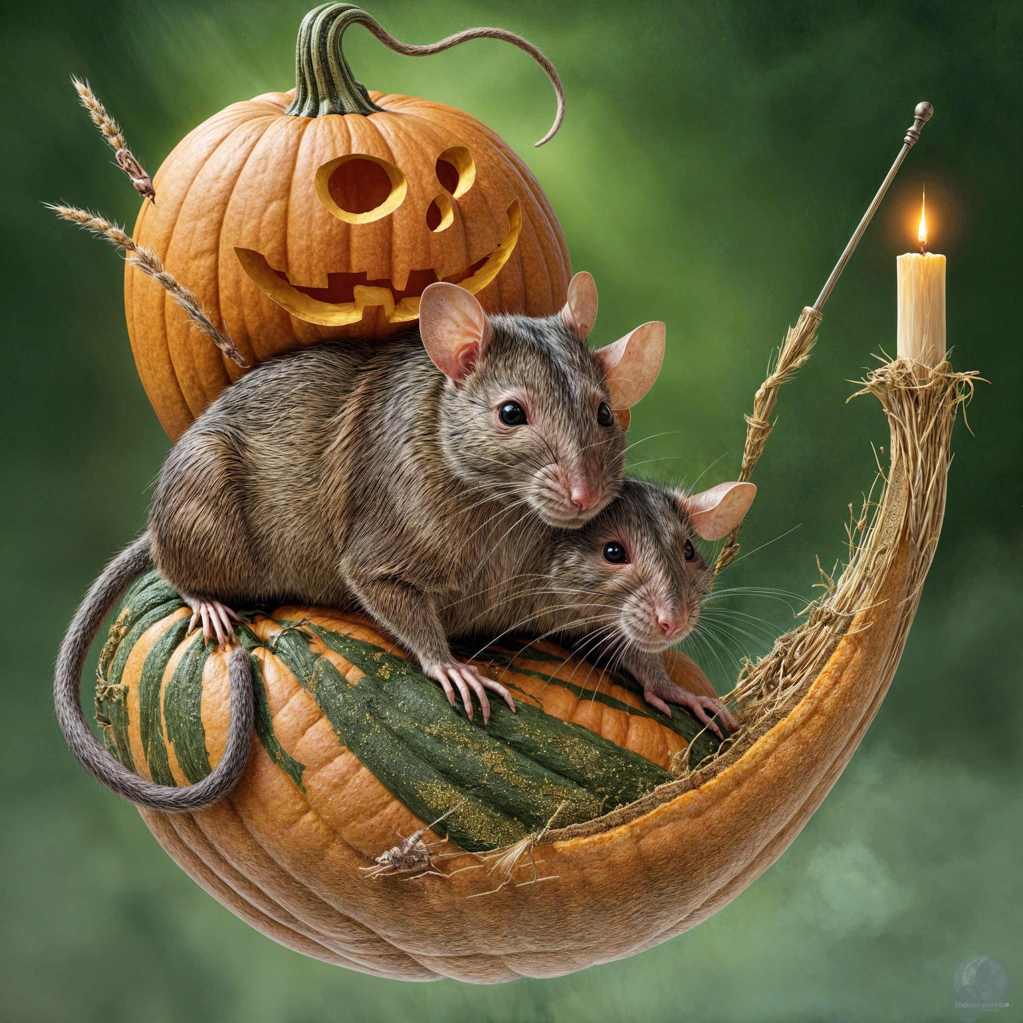 Rats on a Pumpkin with Candle in Halloween Scene