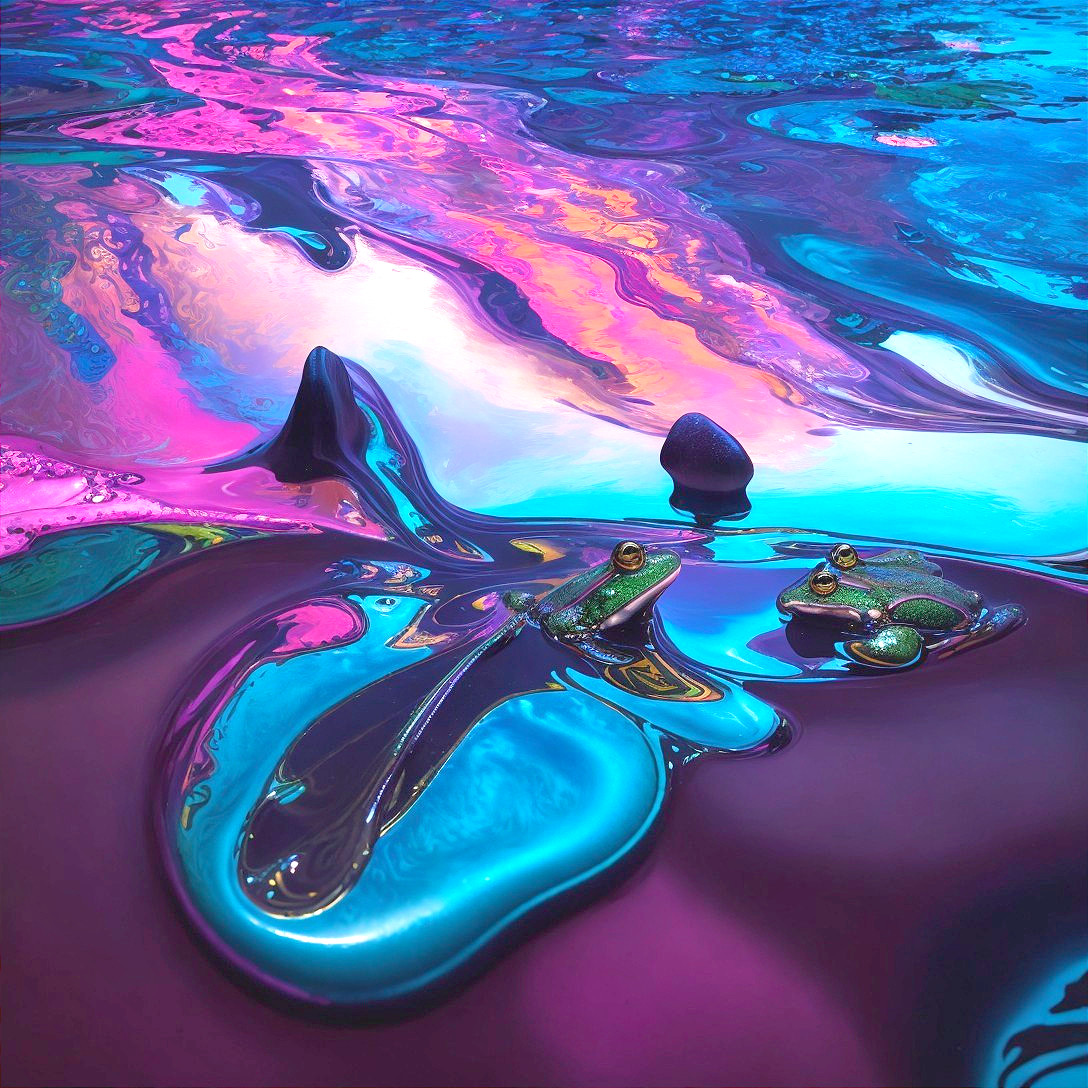 Frogs on an iridescent surface with vibrant colors