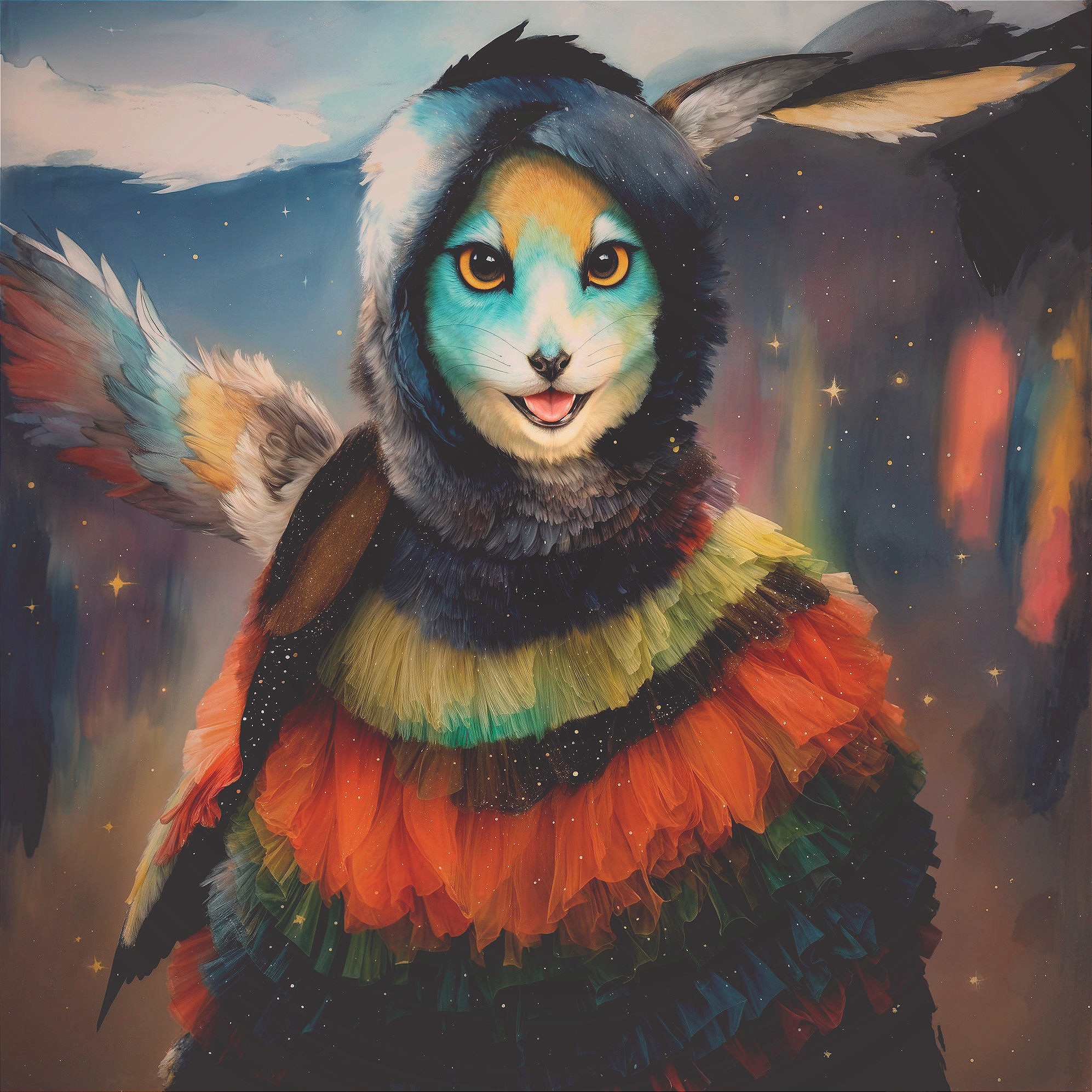 Whimsical Rabbit-Bird Creature with Colorful Cloak