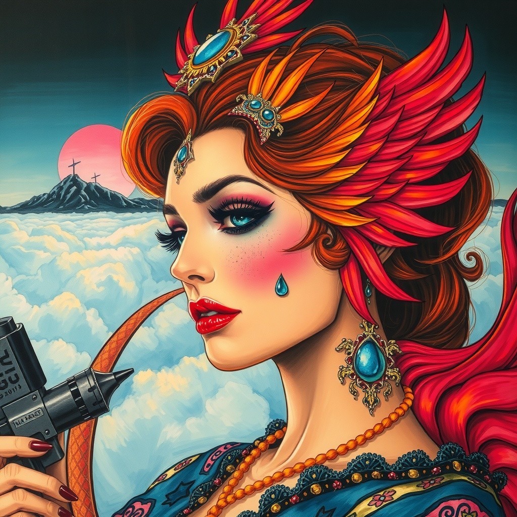 Vibrant Woman with Feathered Hair and Surreal Landscape