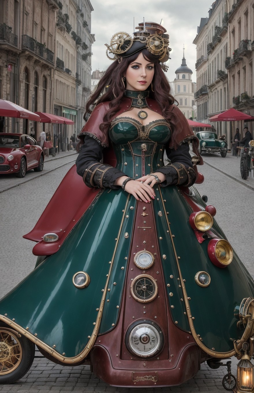 Steampunk Woman in Vibrant Dress on City Street