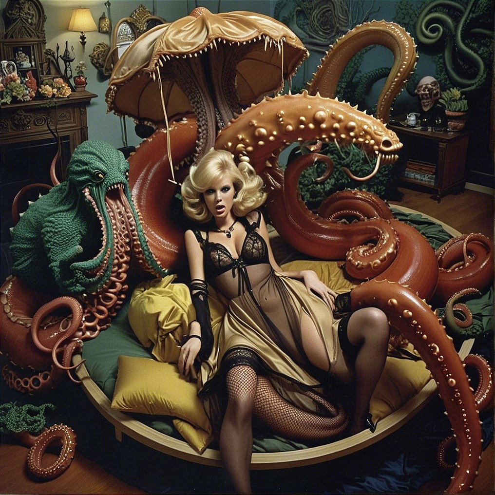 Surreal Scene of Glamorous Woman with Octopus Tentacles
