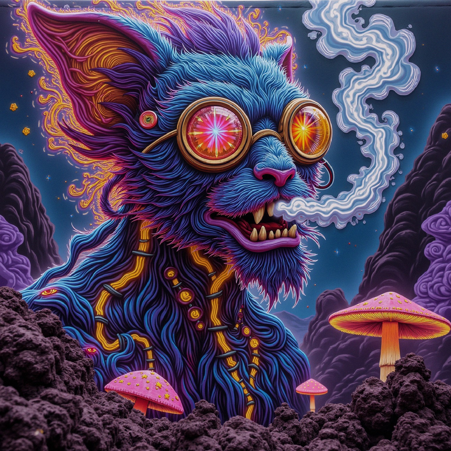 Surreal Artwork of Blue Creature in Dreamlike Landscape