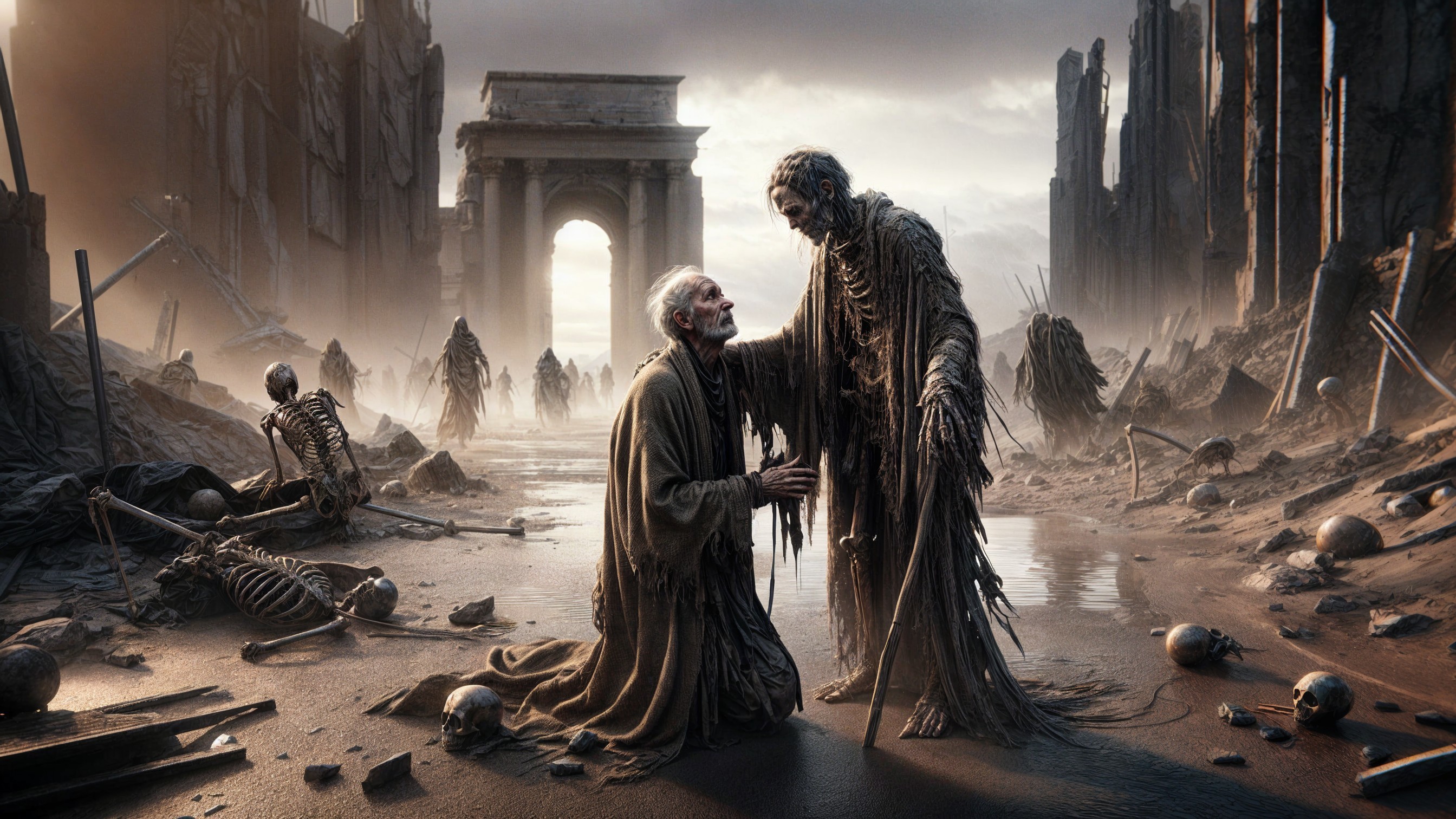 Skeletal Figures in a Ruined City Landscape