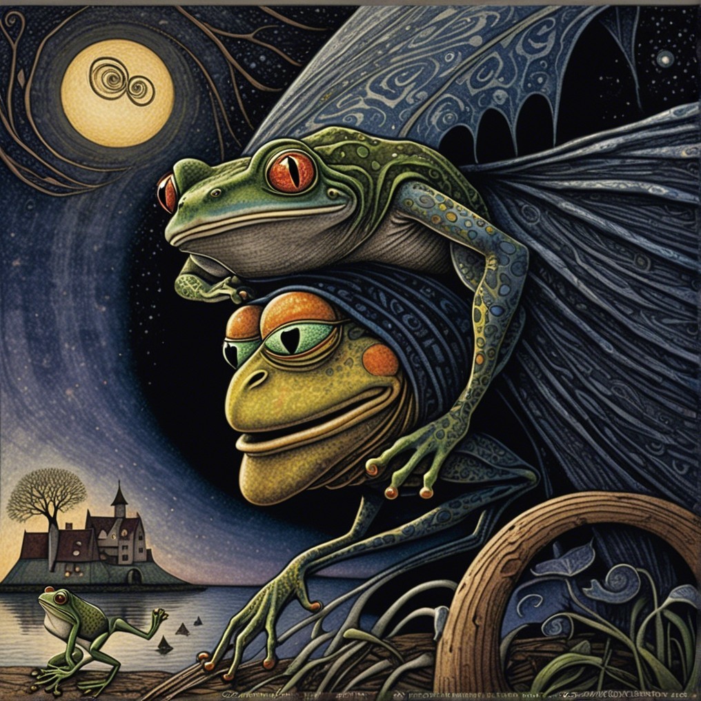 Colorful Whimsical Frogs Under a Moonlit Sky