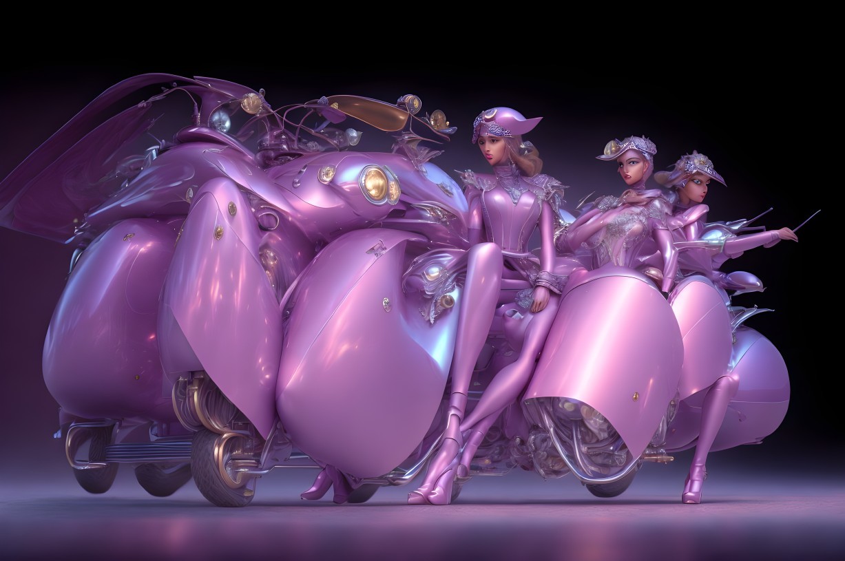 Futuristic Characters on a Stylish Pink Motorcycle