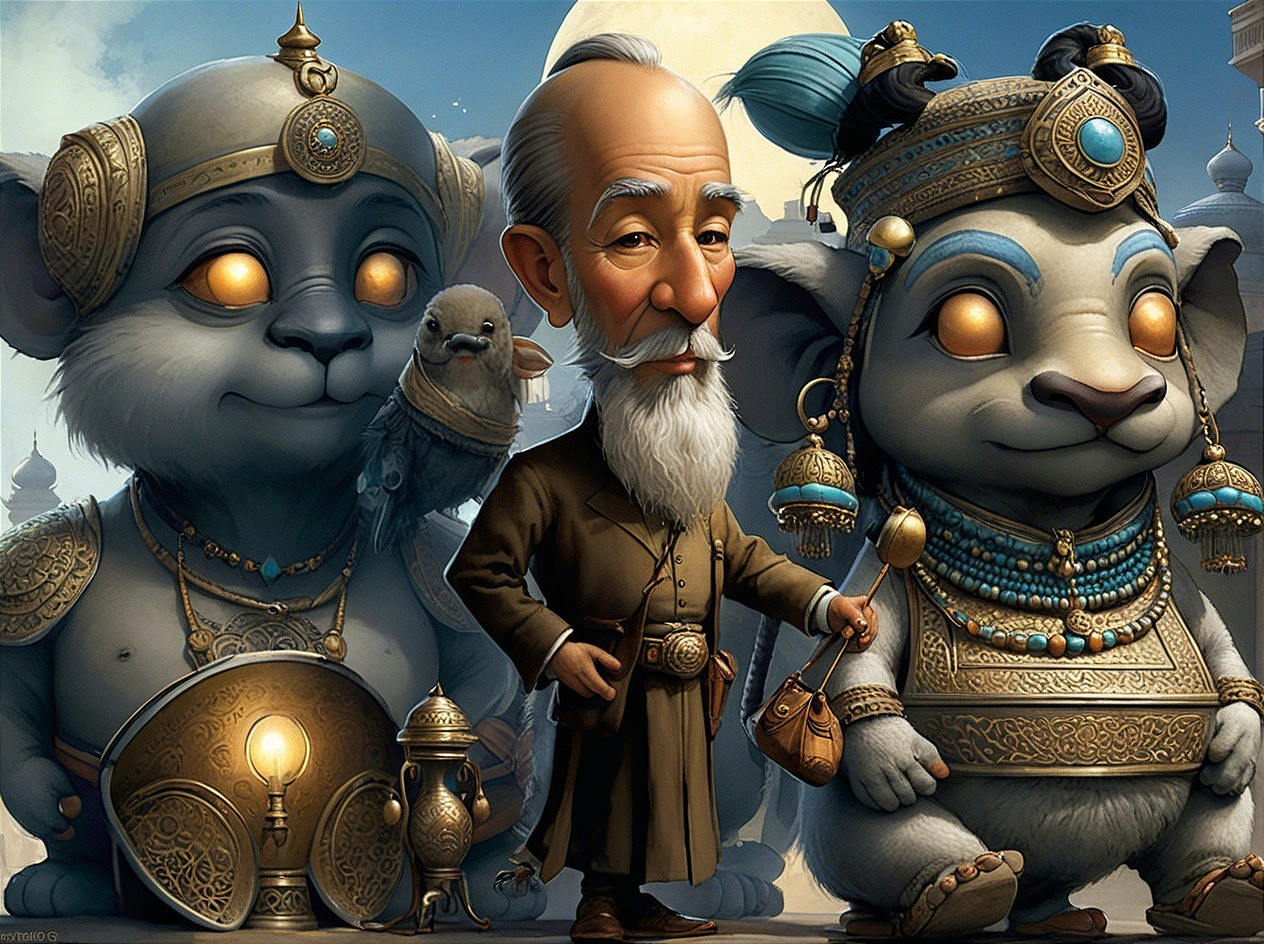 Whimsical Elderly Man with Elephant-like Creatures