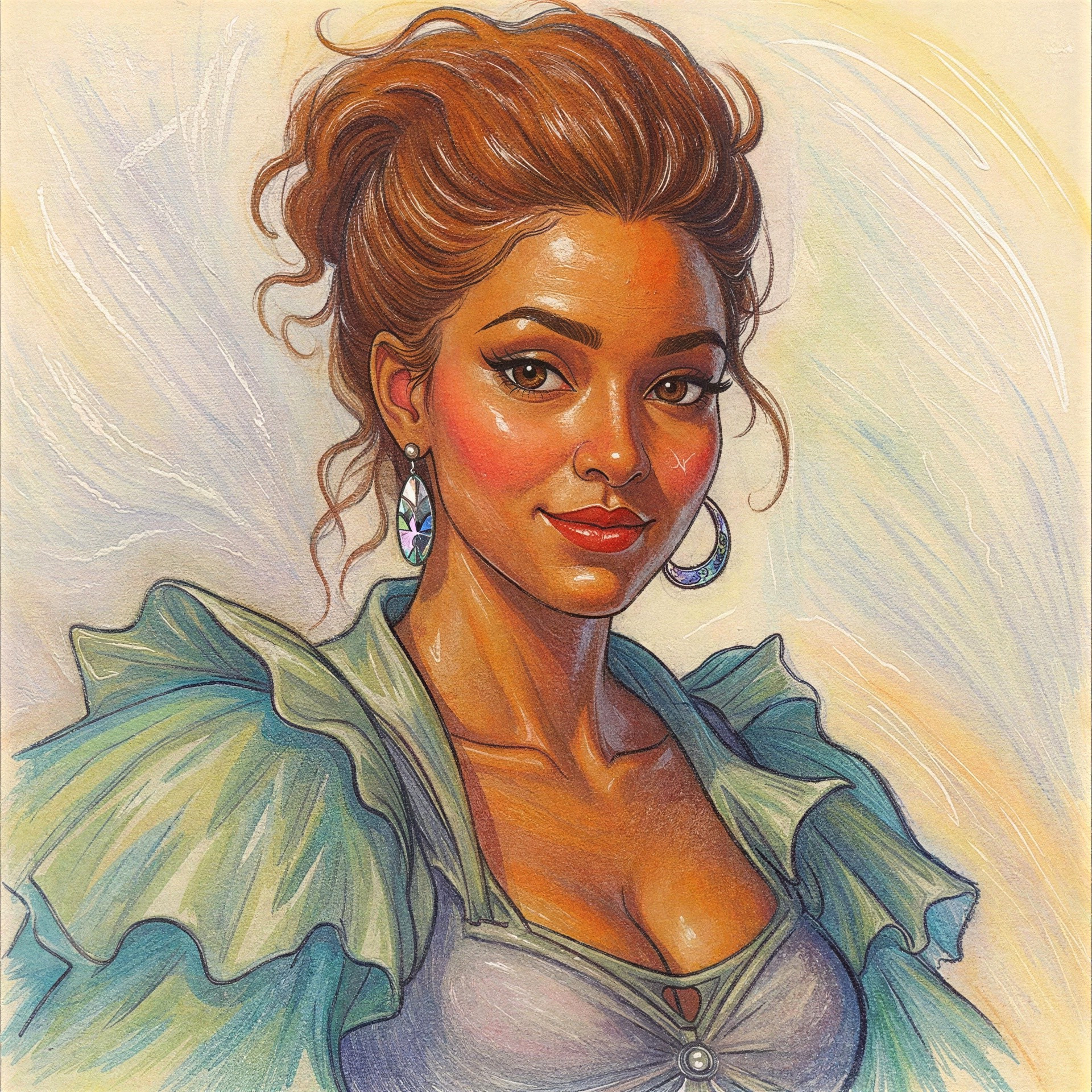 Detailed Portrait of a Woman with Tan Skin and Ruffles
