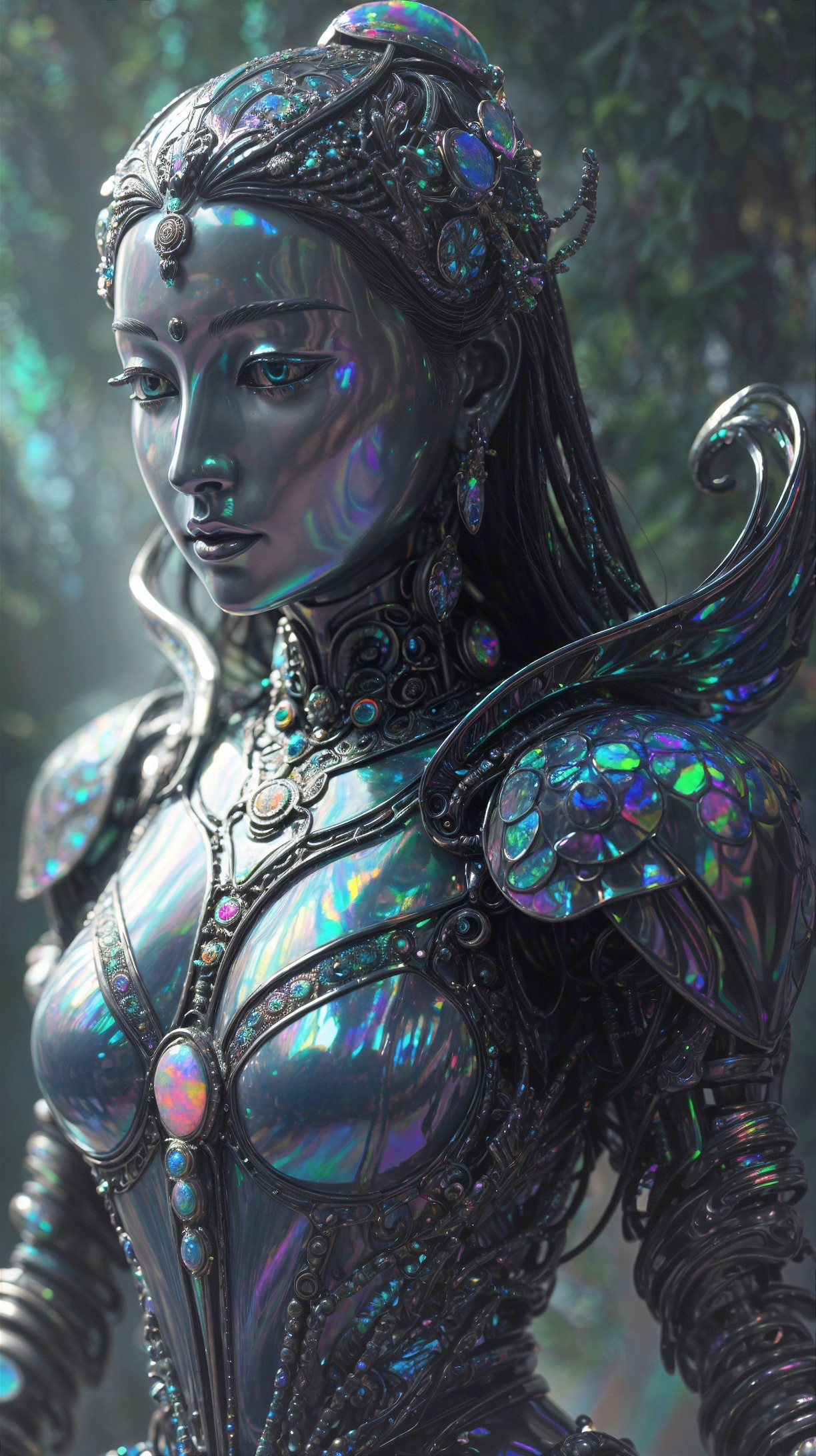 Intricate Robotic Figure in Ethereal Background