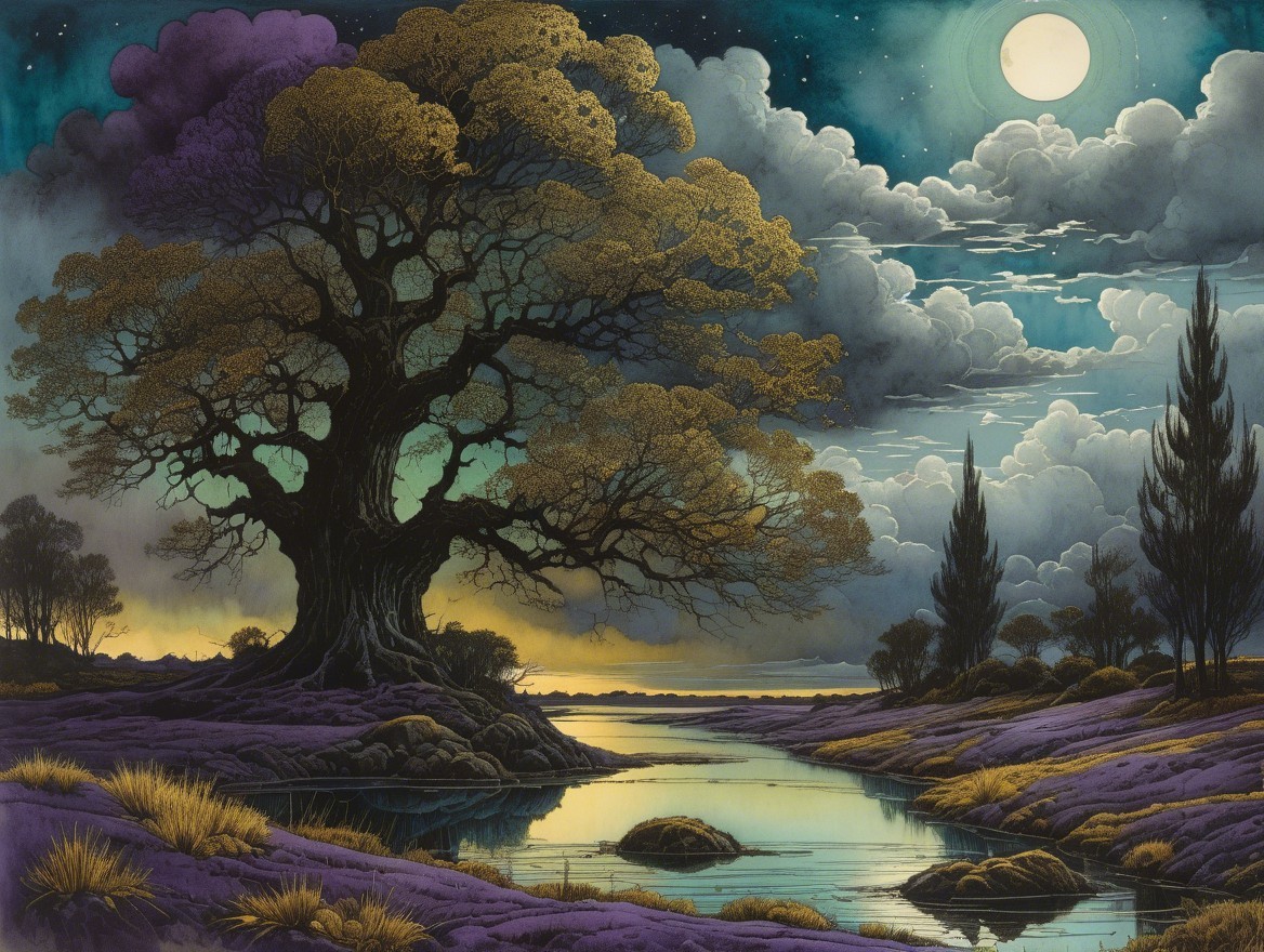 Mystical Landscape with Full Moon and Ancient Tree