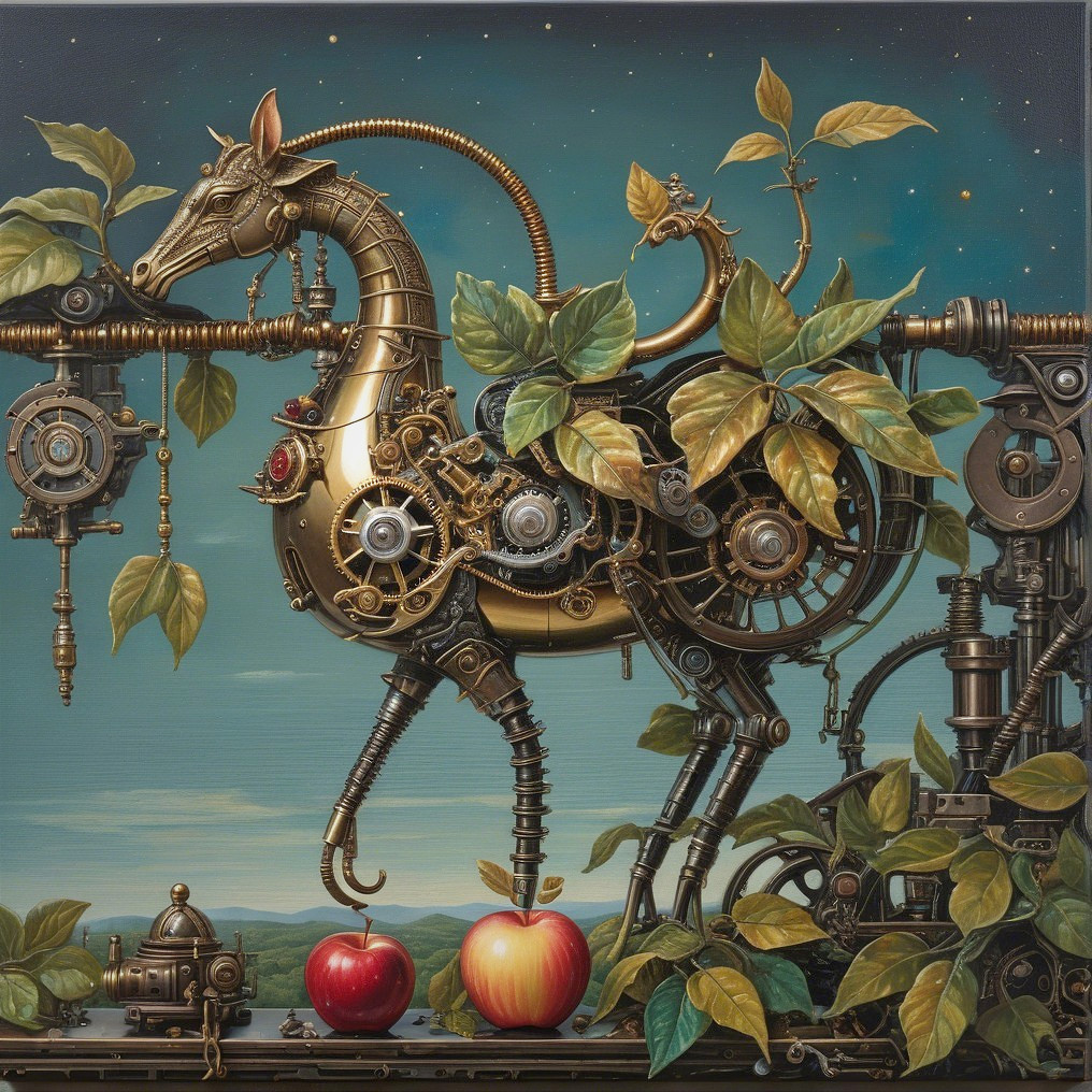 Intricate Mechanical Horse with Nature Elements