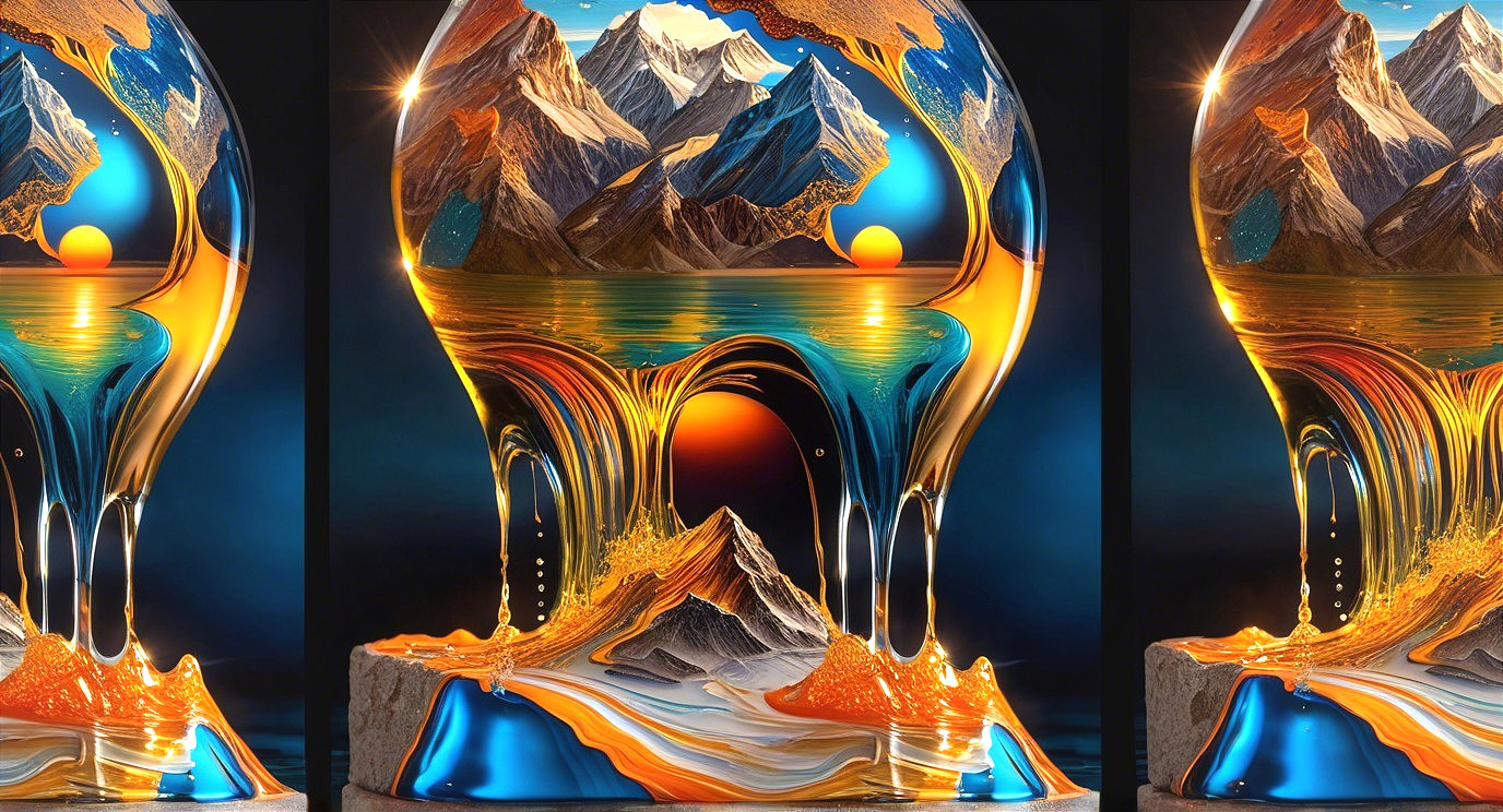 Three Identical Hourglass Shapes with Vibrant Landscapes