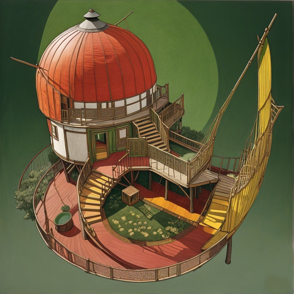 Whimsical Multi-Level Structure with Red Dome Roof