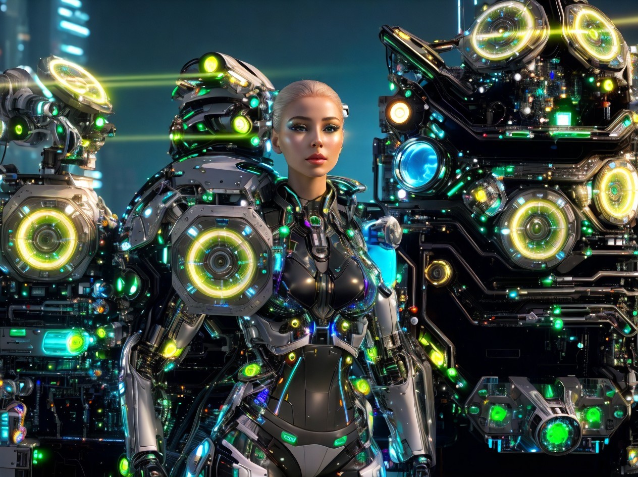 Futuristic Female Robot in Neon Cityscape Setting