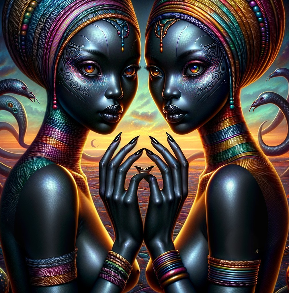 Figures with Ebony Skin in Vibrant Patterns and Jewelry