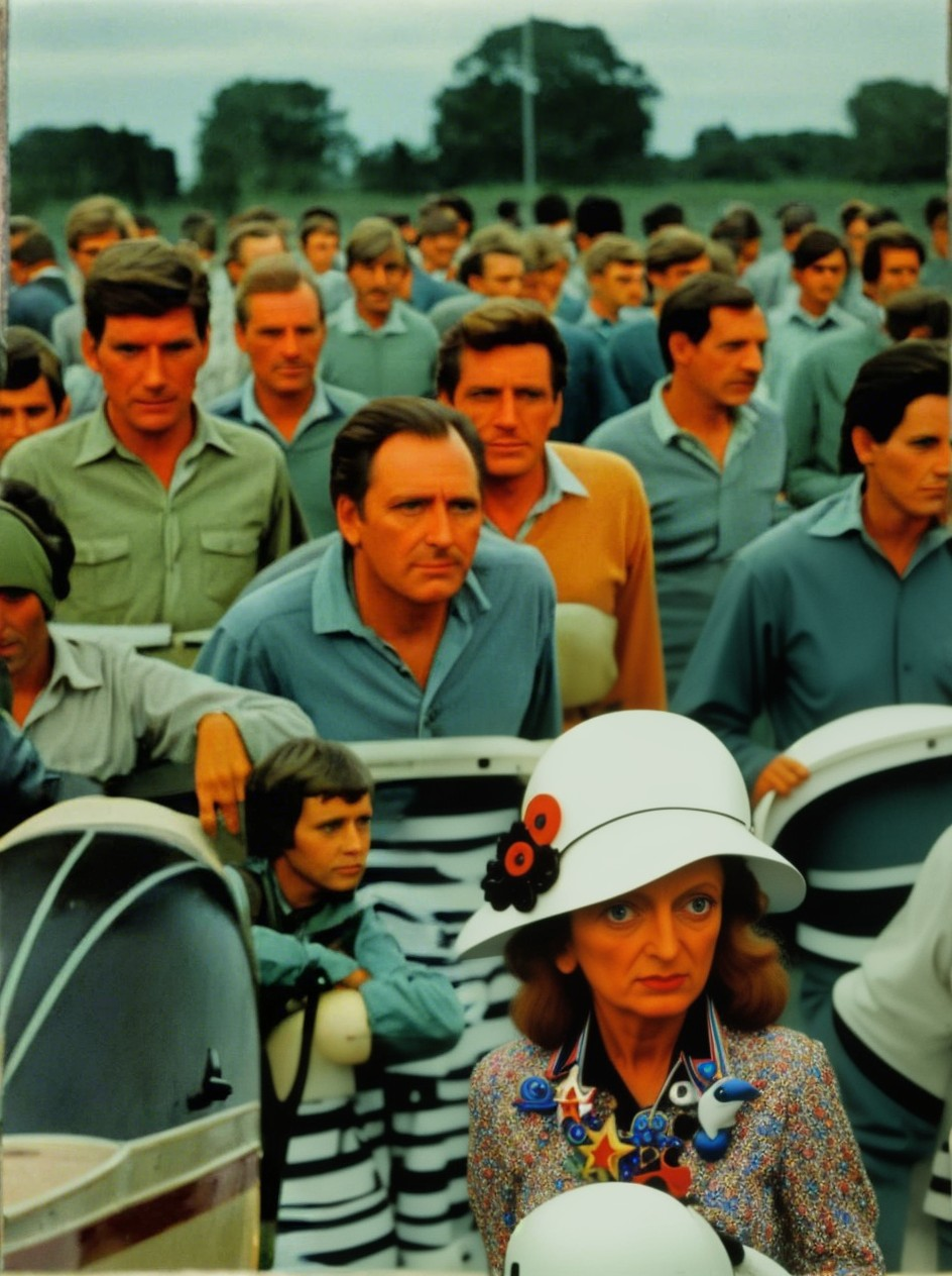 Crowd in Gray and Green Attire with Woman in White Hat