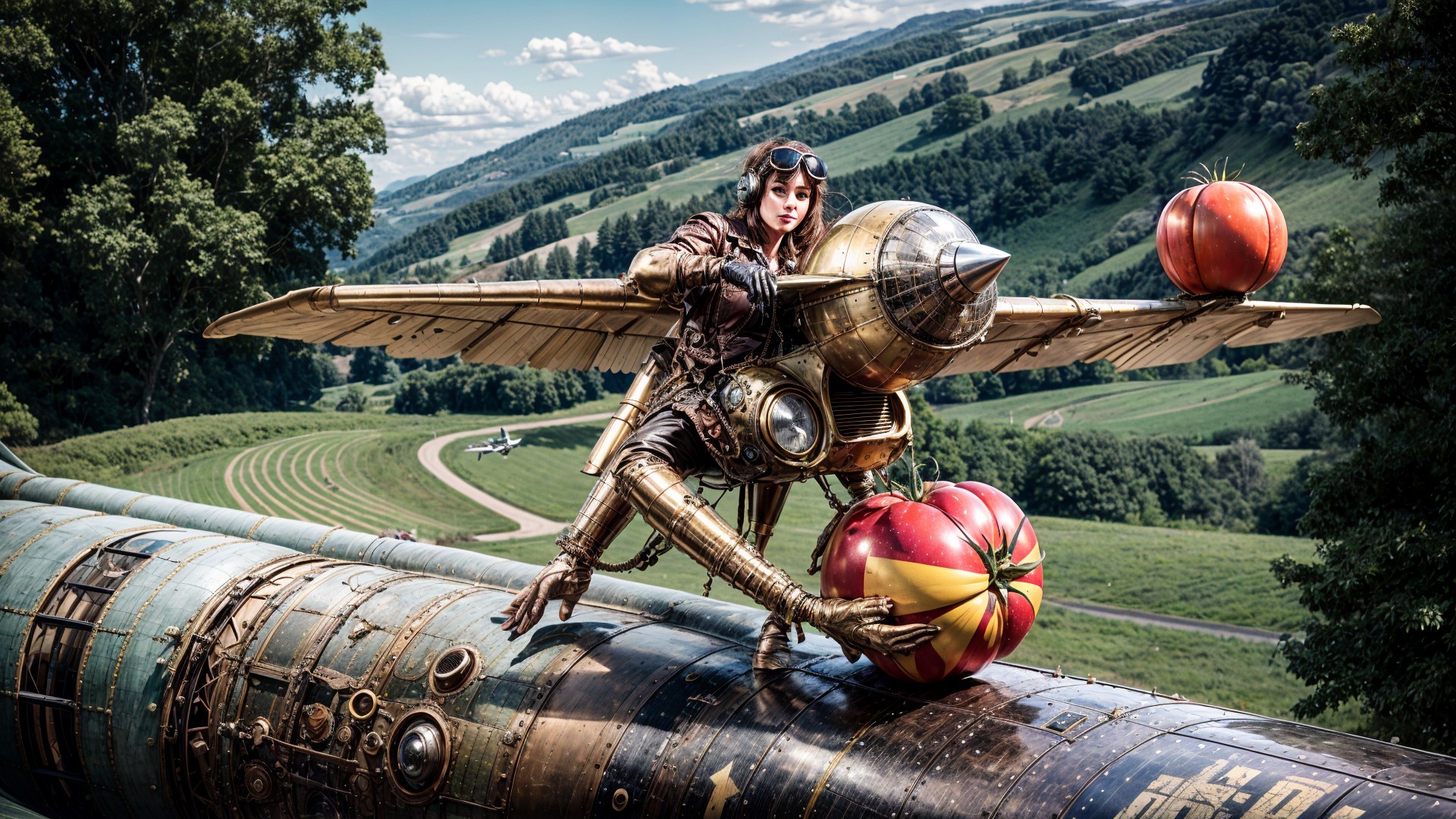 Steampunk Figure on Whimsical Aircraft with Tomatoes