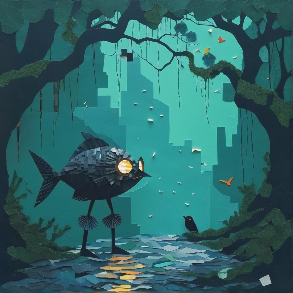 Whimsical Bird in Tranquil Greenery and Waterway Scene