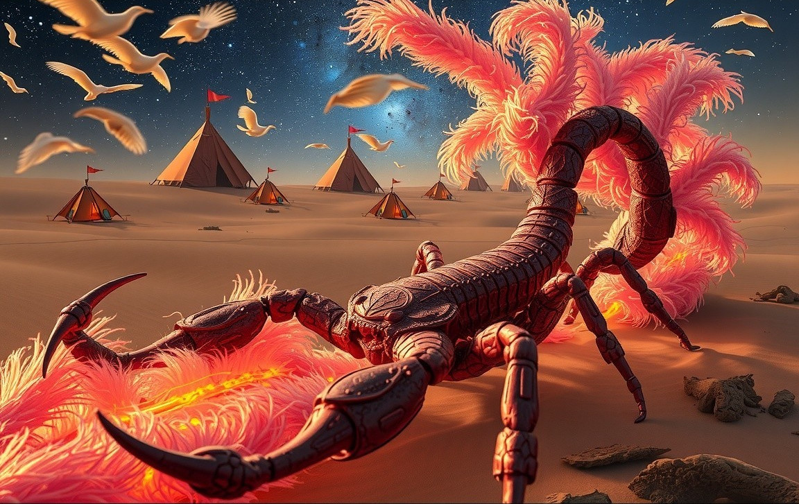 Mechanical Scorpion in Surreal Desert Landscape