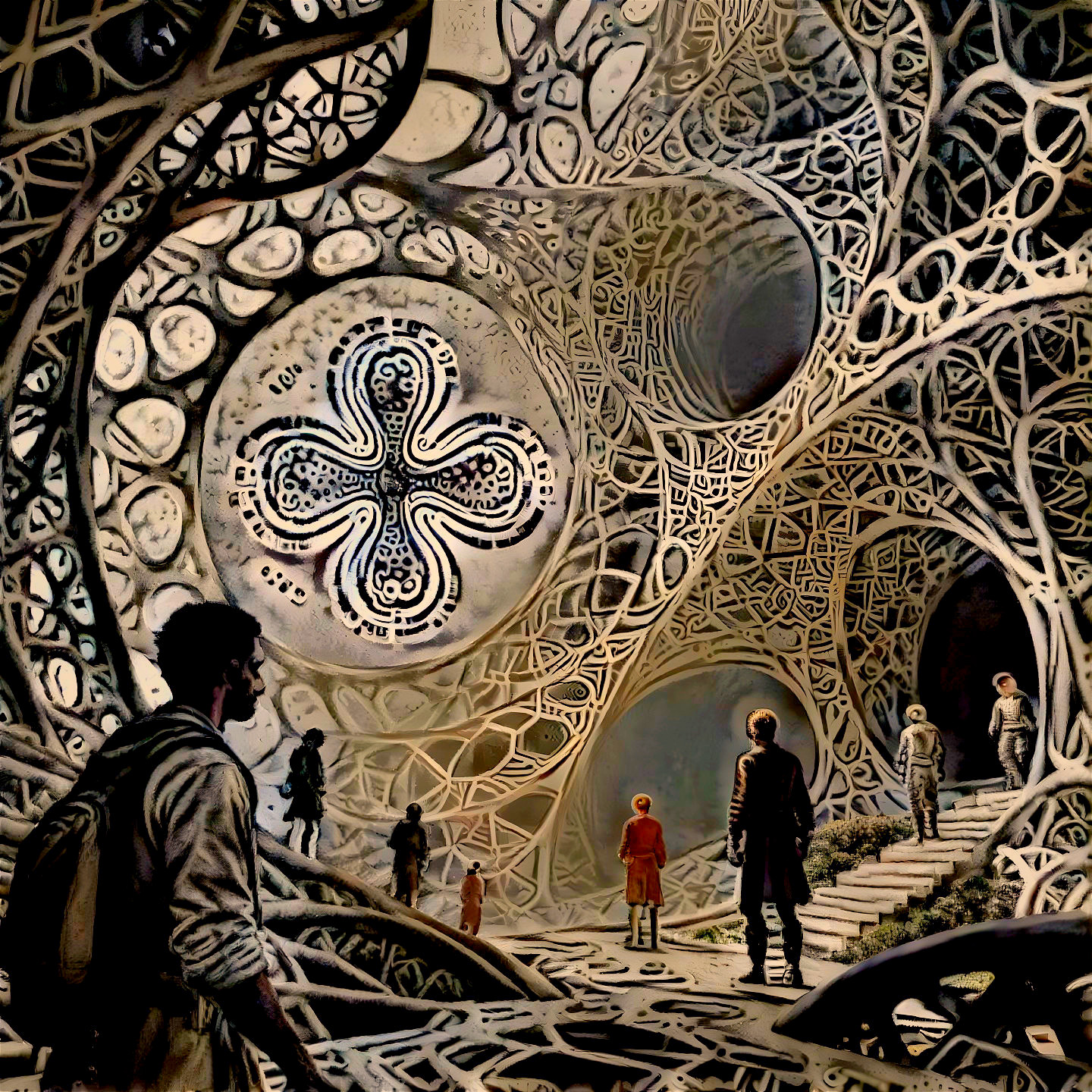 Figures in an intricate, surreal architectural space