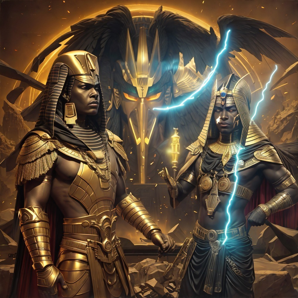 Ancient Egyptian Deities with Gold Jewelry and Staff