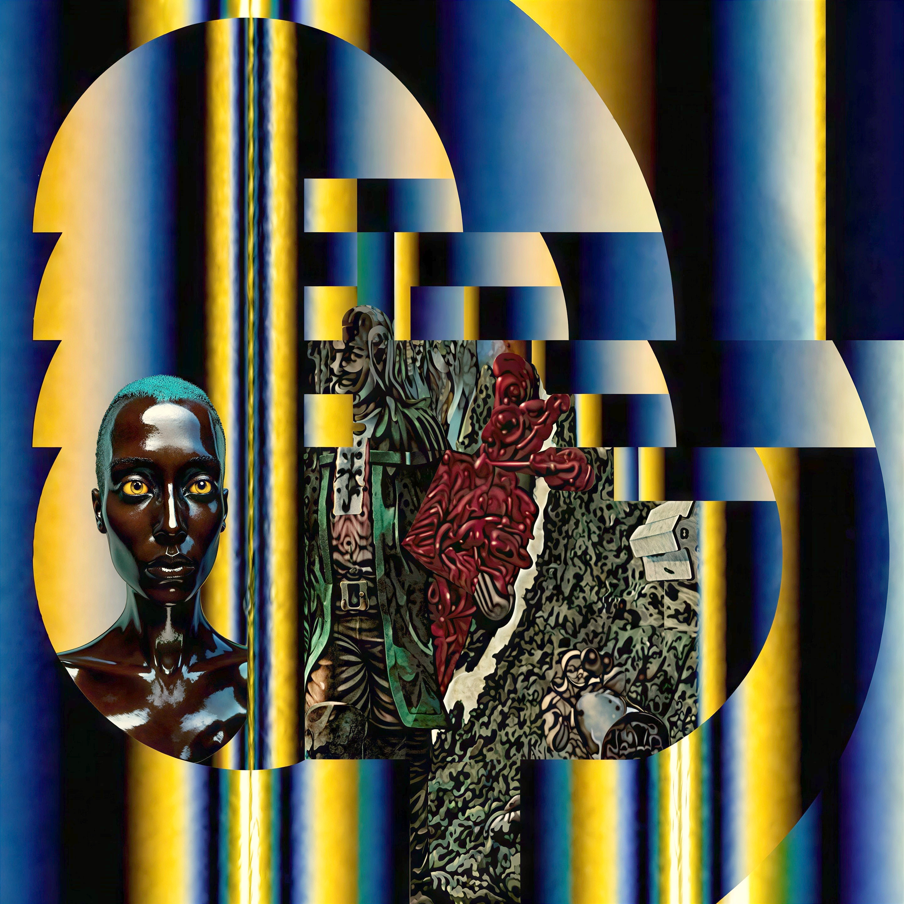 Surrealist digital painting with vibrant figures and textures