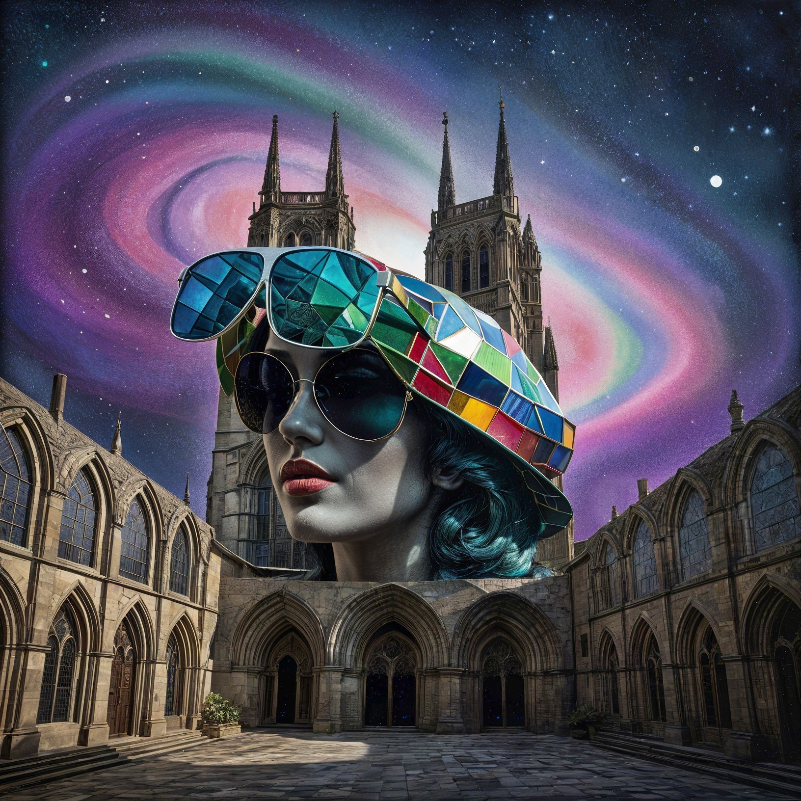 Surreal Composition with Giant Head and Cosmic Background