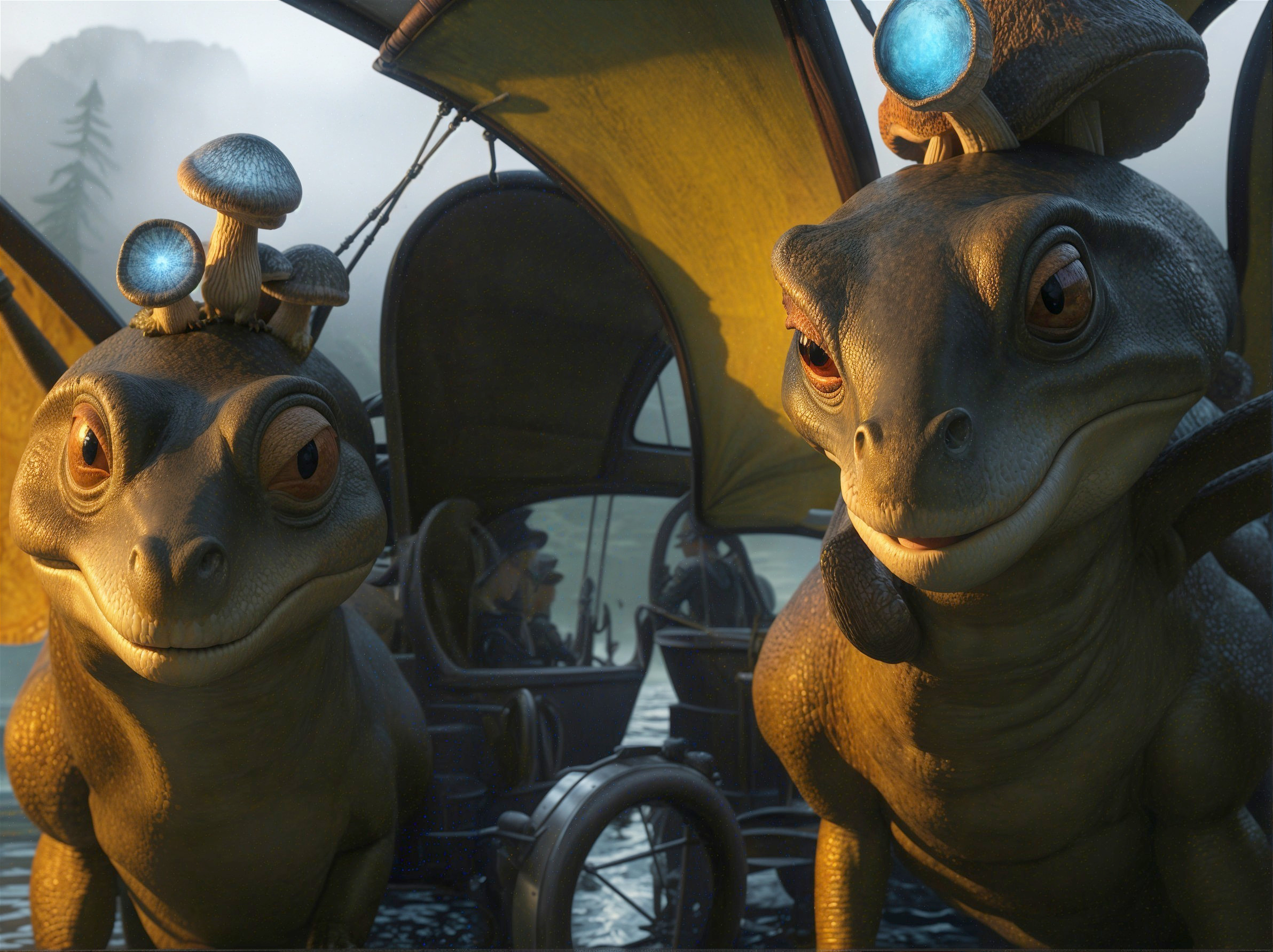 Humanoid frog-like creatures by a sailing ship