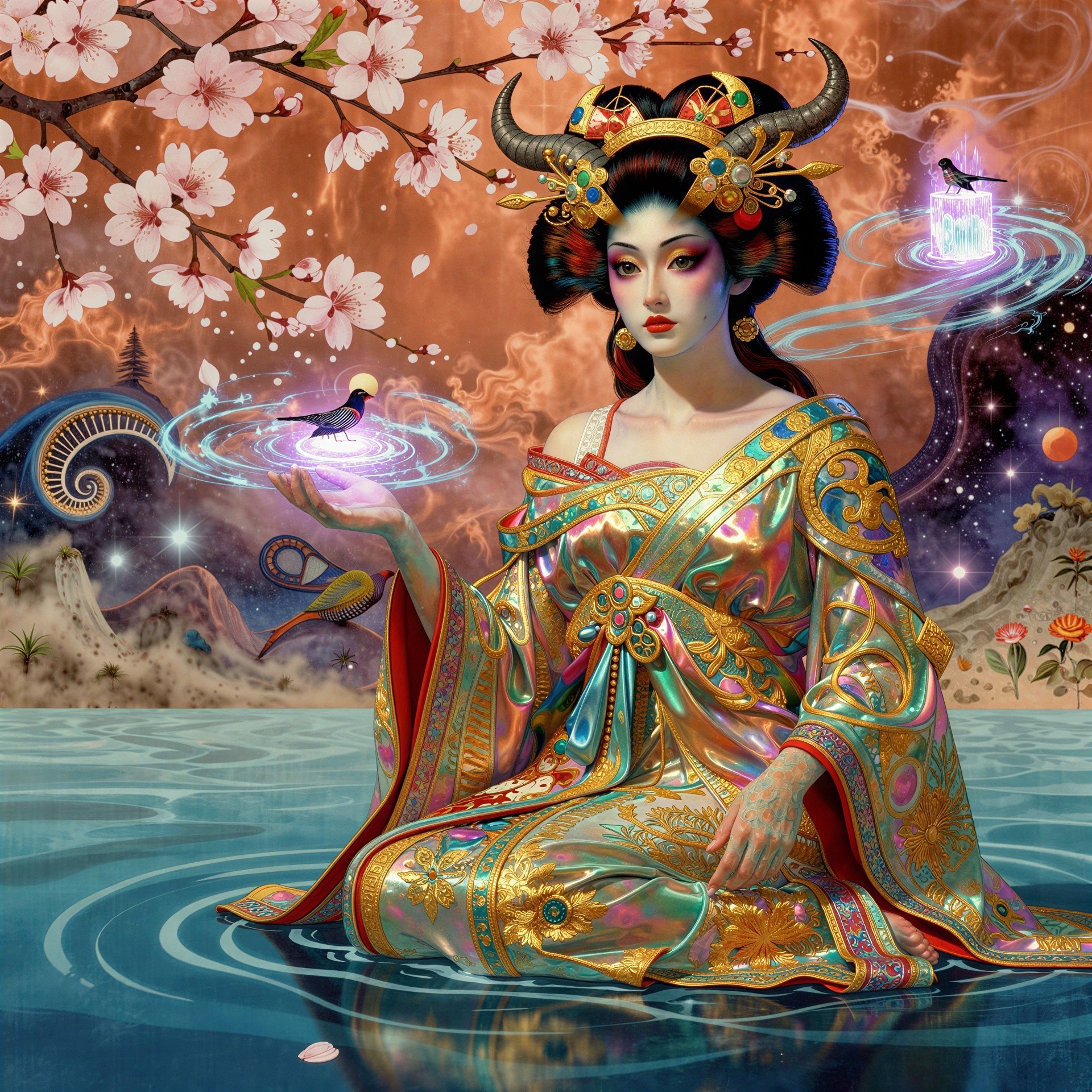 Ornate Mystical Asian Woman in Luminous Landscape