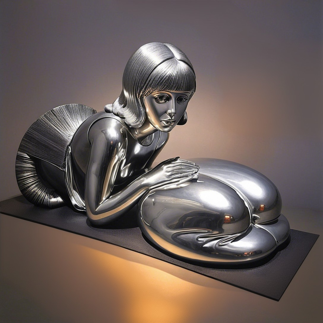 Stylized Silver Female Figure Sculpture with Abstract Design