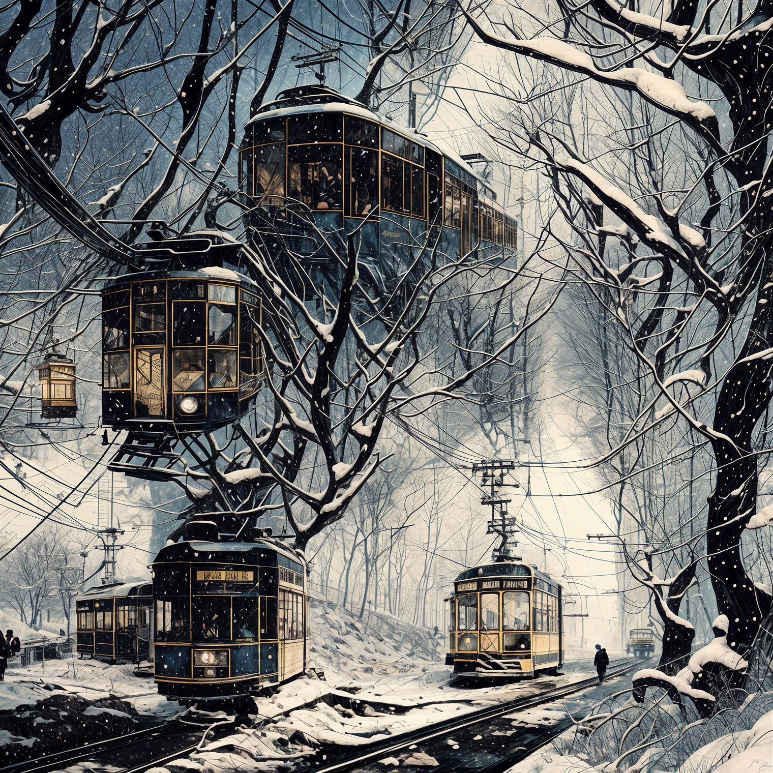Vintage Trams in a Serene Snowy Winter Landscape