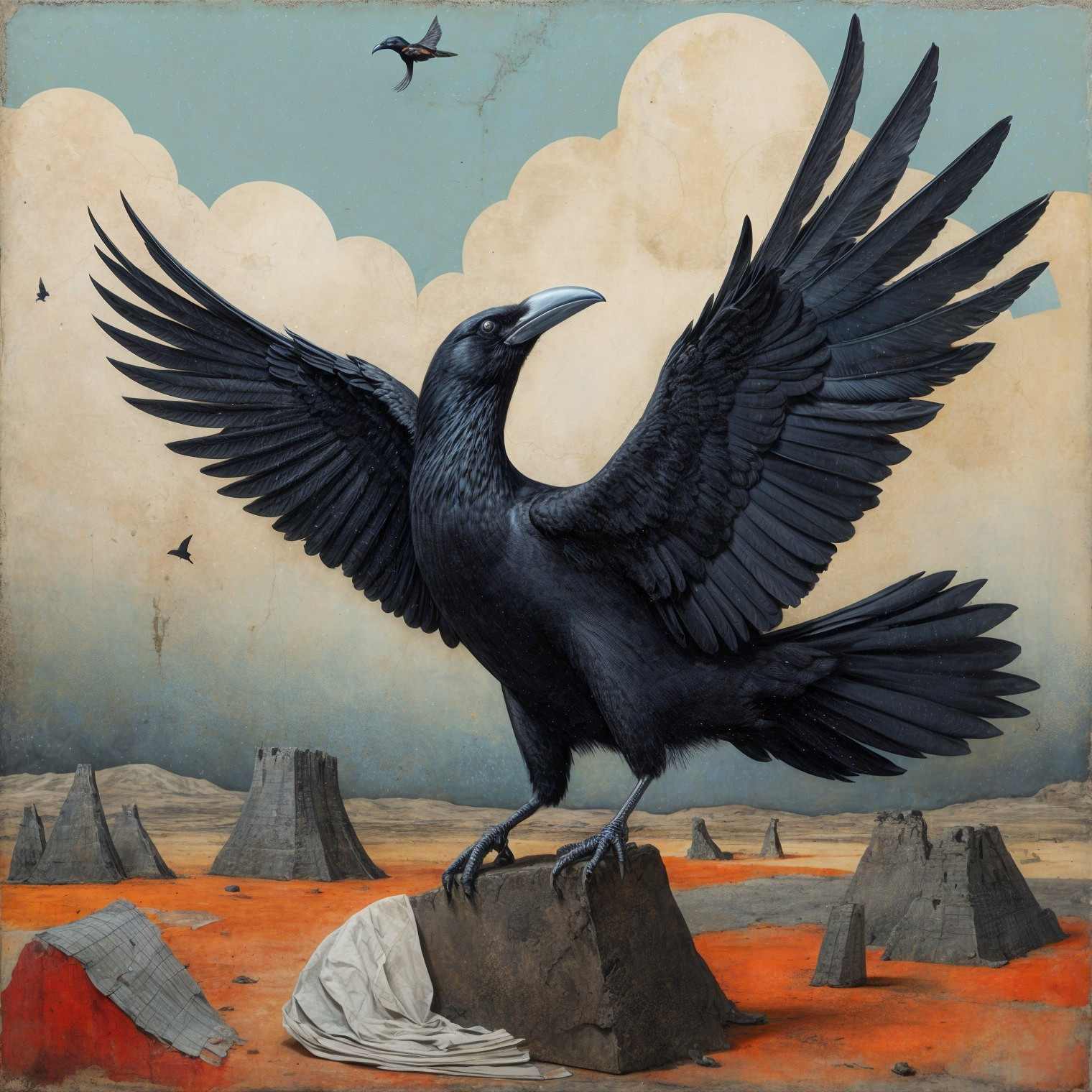 Black Raven on Rock with Blue Sky and Abstract Landscape