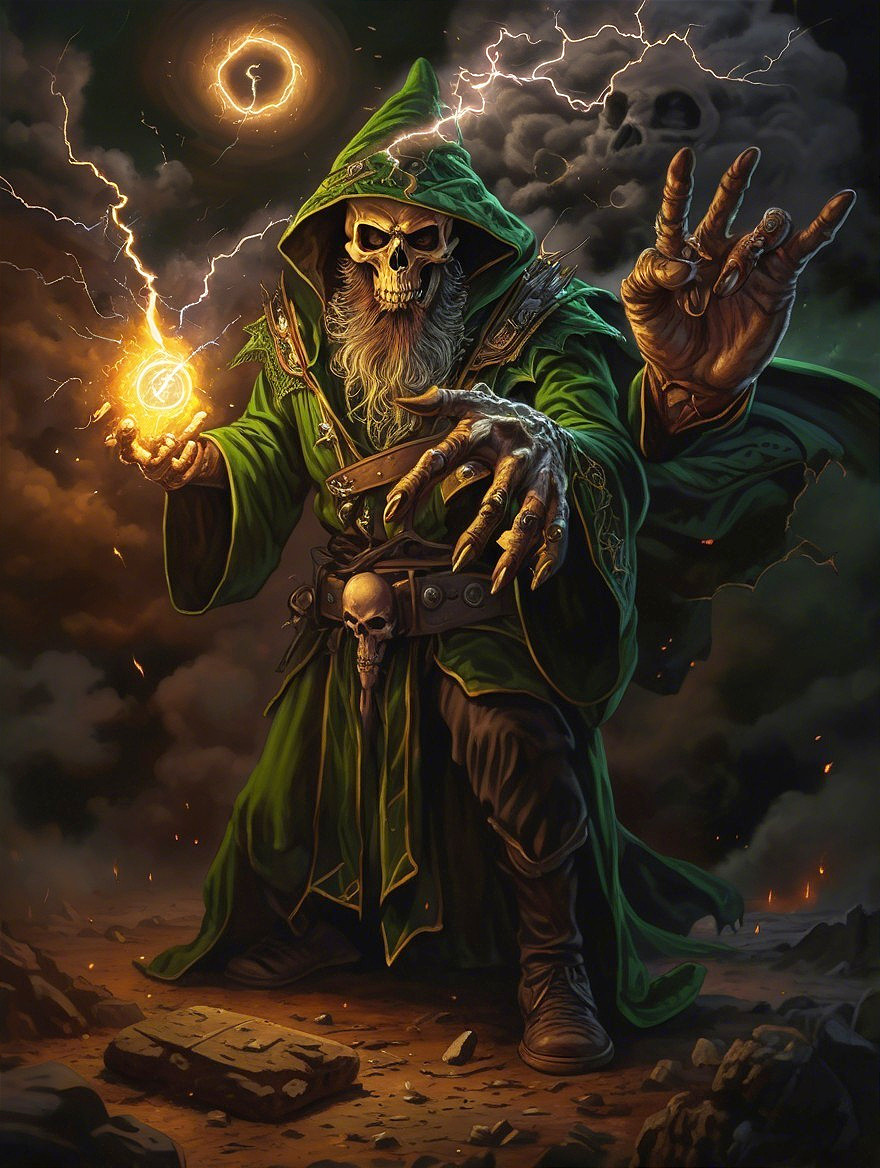 Sorcerer in Tattered Robe Conjures Magic in Storm