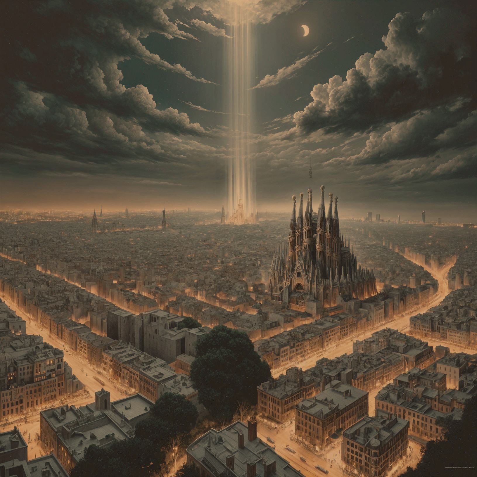 Cityscape at Dusk with Cathedral Silhouette