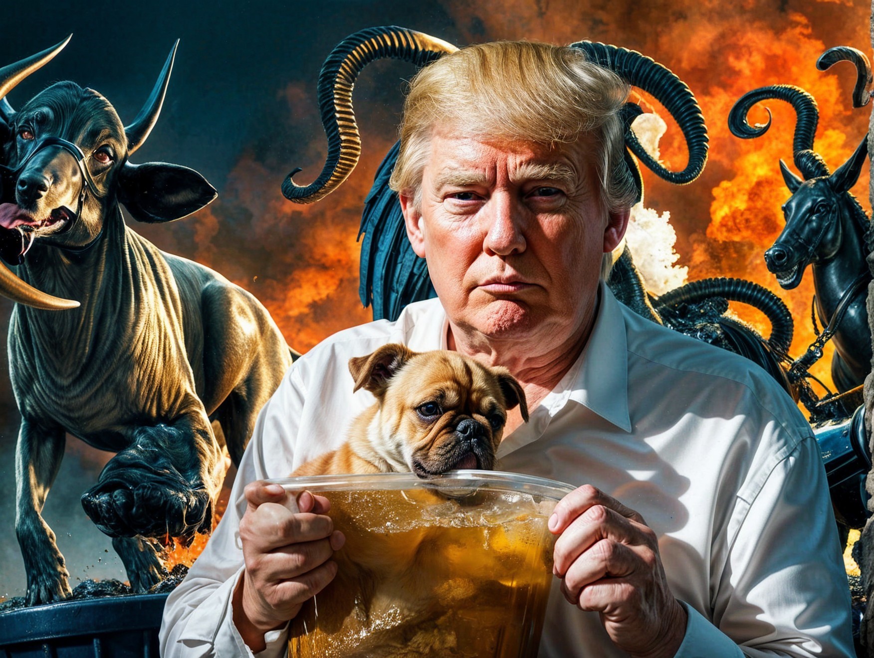 Surreal Scene with Man, Dog, and Fiery Landscape