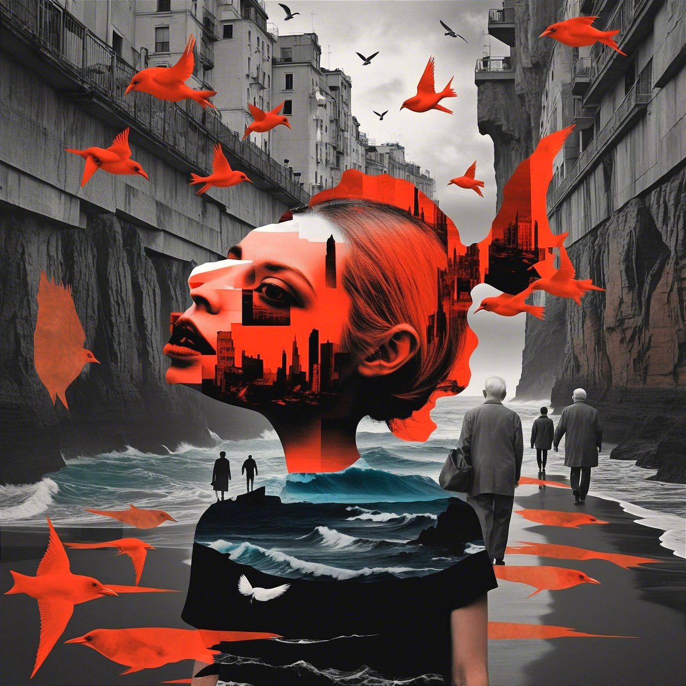 Surreal Blend of Woman, Cityscapes, and Ocean Waves