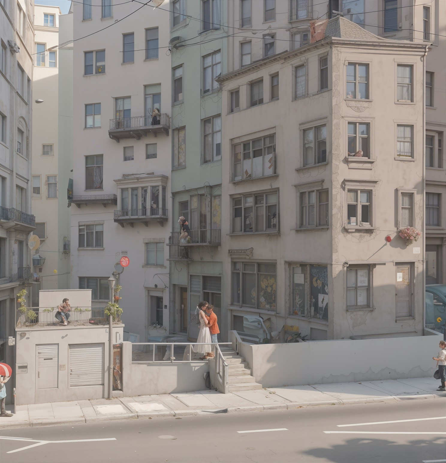 Charming Urban Scene with Pastel Buildings and Residents