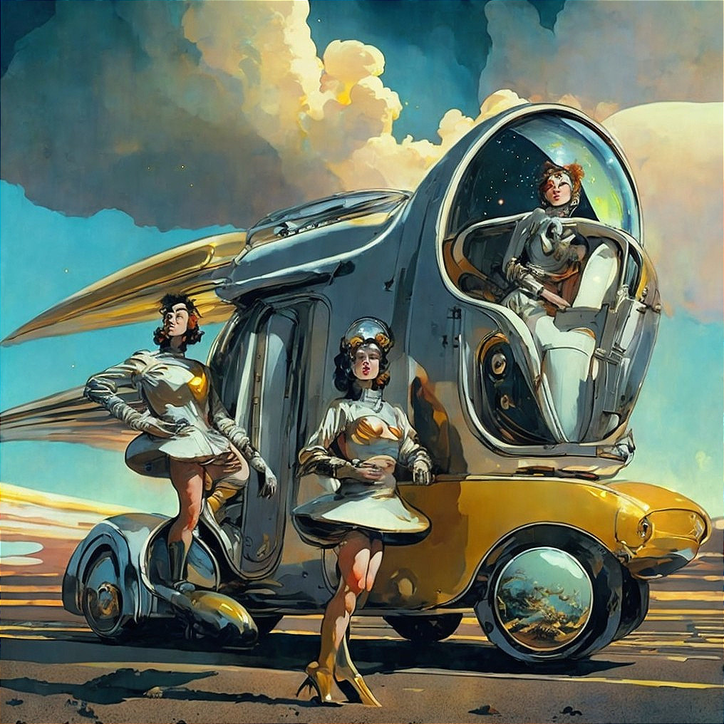 Futuristic Women in Metallic Outfits by Retro Vehicle