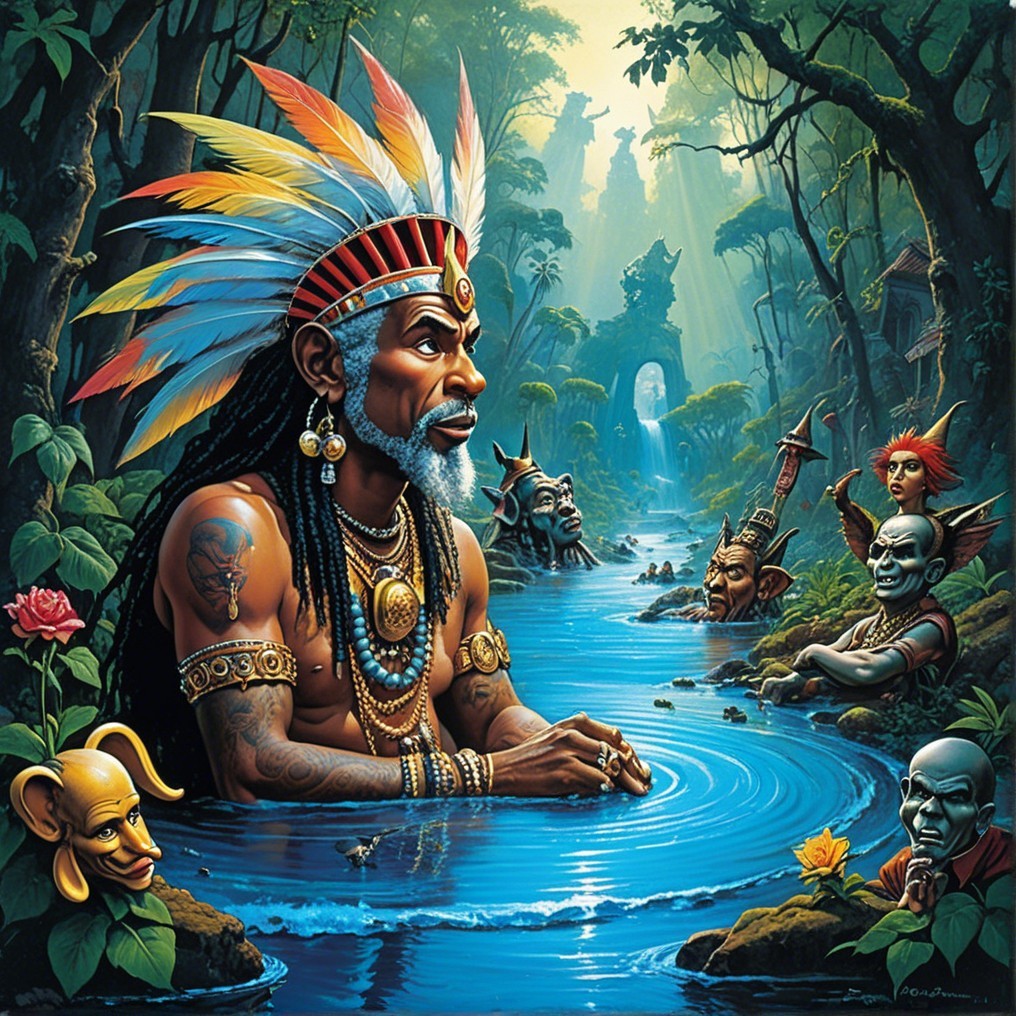 Majestic figure in vibrant jungle with mystical sculptures
